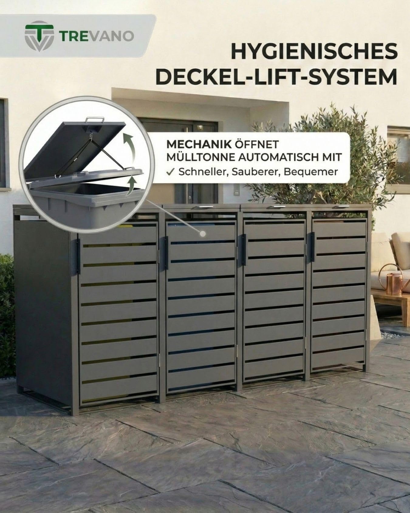 TREVANO Mülltonnenbox 4er 240l - Mülltonnenverkleidung 4 Tonnen Anthrazit - Robustes Mülltonnenhaus aus Stahl - Wetterbeständige Müllboxen für 4 Tonnen - Mülltonnen Unterstand 120l-240l