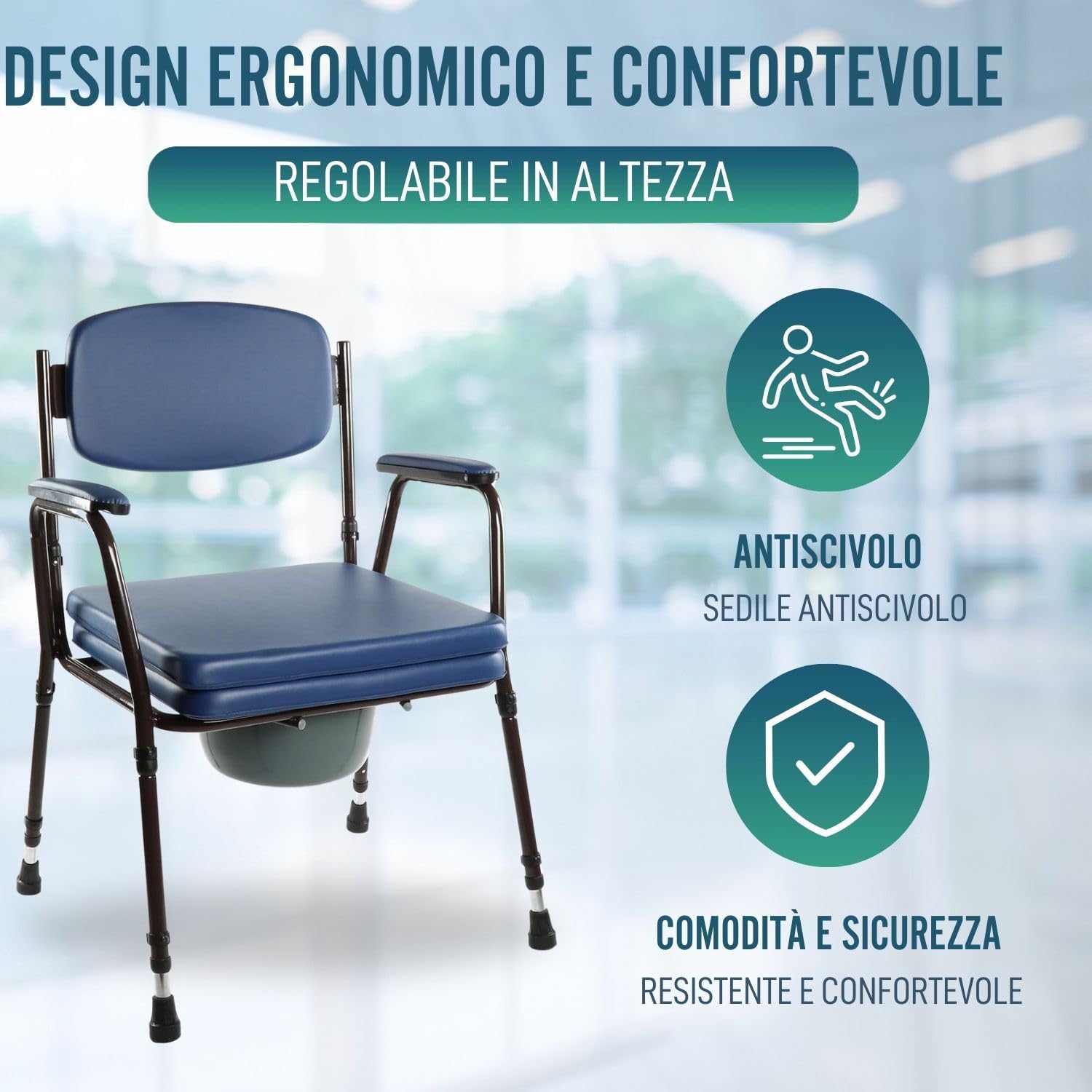 OrtoPrime Sedia WC per Anziani Acolchita - Sedia WC Portatile Regolabile - Comoda WC con Bidet Rimovibile - Sedia Comoda per Anziani - Robusta e Confortevole