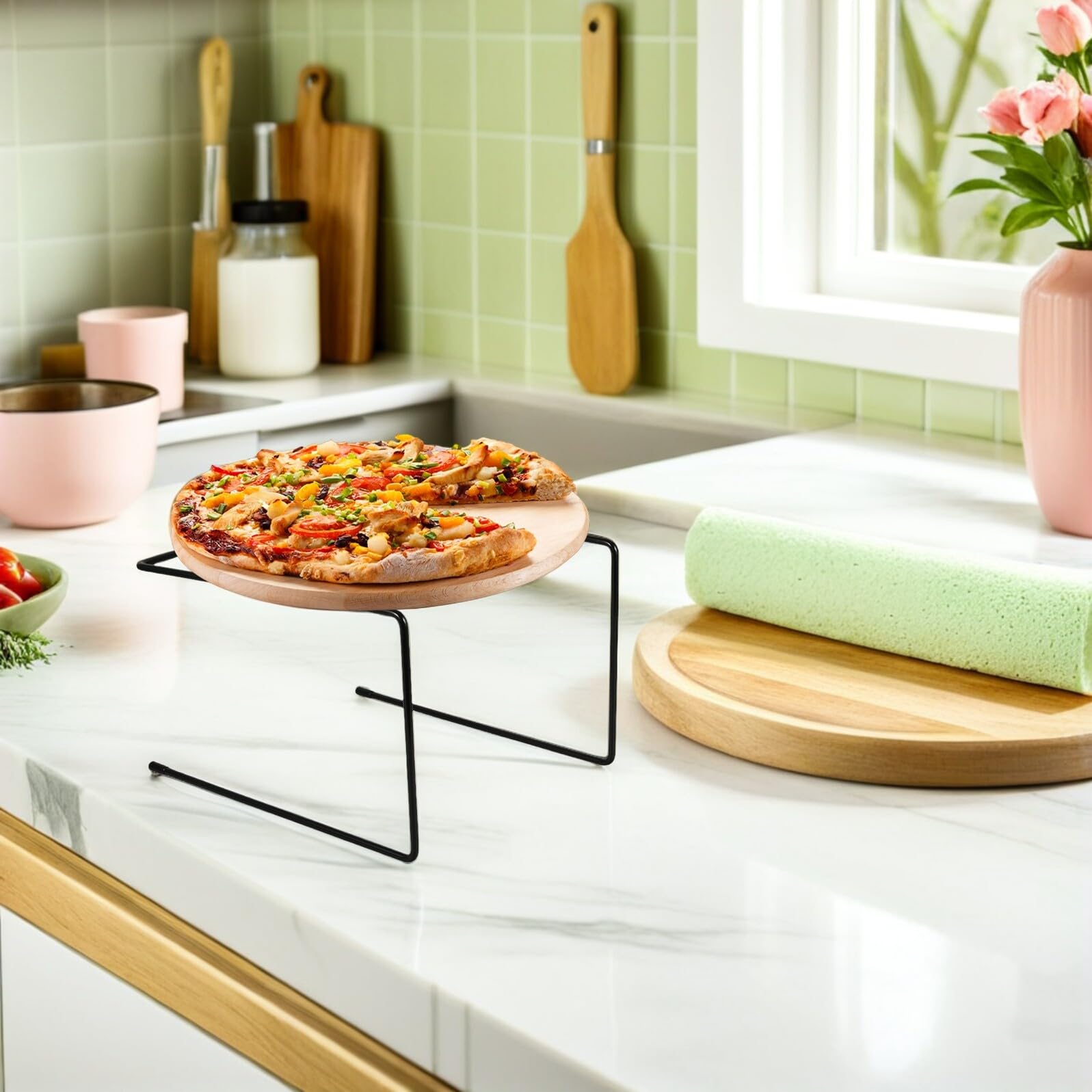 4 Sztuki Częściowy Stojak Do Serwowania Pizzy z Tacą Stalowy Stojak z Drutu Żelaznego Wielofunkcyjny Organizer Pizzę Owoce i Desery Oszczędzający Miejsce Idealny Przyjęcia i