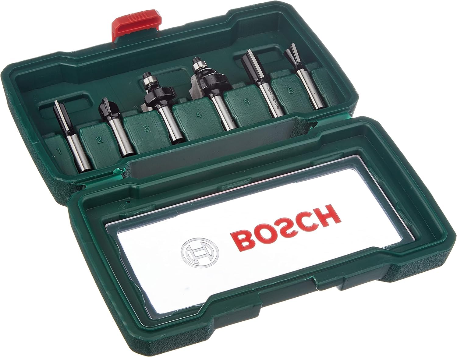 Bosch POF 1200 AE - Fresadora de superficie, fresa de ranurar, adaptador de aspirar, llave de boca,casquillo copiador, tope paralelo + Bosch 2607019463 - Set con 6 fresas con inserción de 8 mm