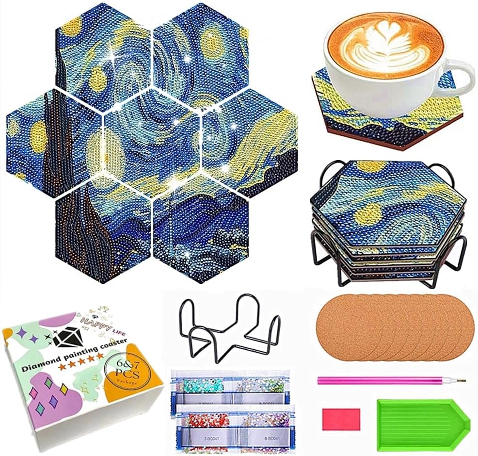 Van Gogh - Posavasos de pintura de diamante, 7 posavasos hexagonales, noche estrellada, kit de posavasos de arte de diamantes para principiantes y