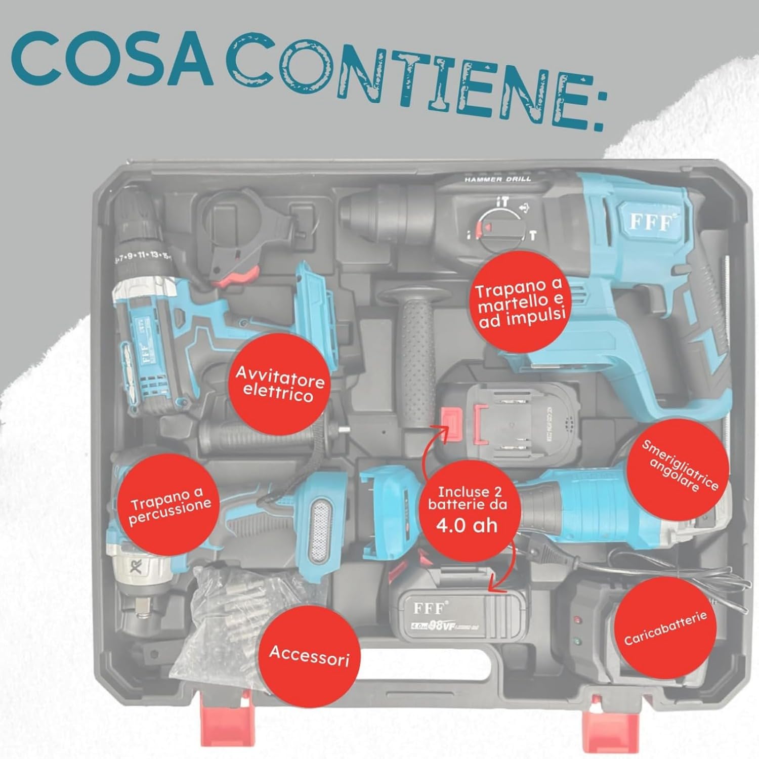 Kit Completo Professionale Fai da Te 4 in 1 con Trapano Avvitatore a Batteria, Trapano a Percussione a Batteria, Smerigliatrice Angolare a Batteria, Trapano a Martello e ad Impulsi Svita Bulloni 68v