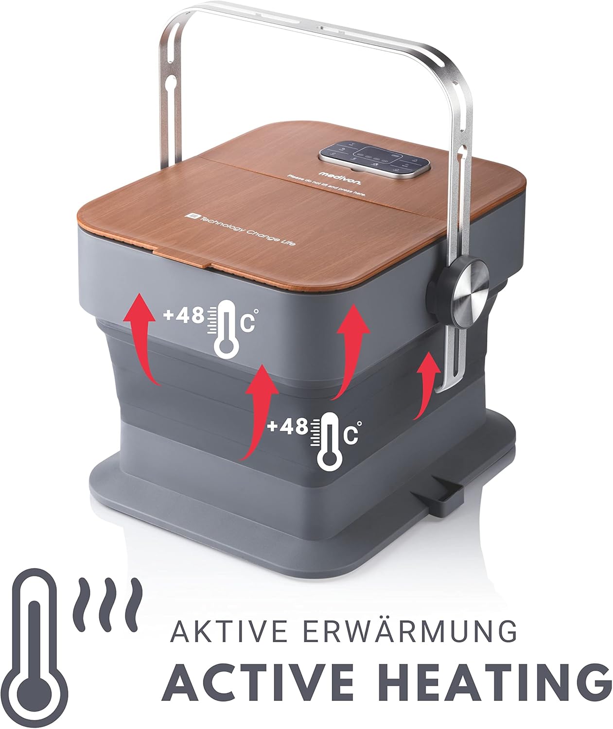 پاسي view of the Medivon Aqua Pro Foot Massager, illustrating active heating with arrows indicating rising warmth and a temperature icon.