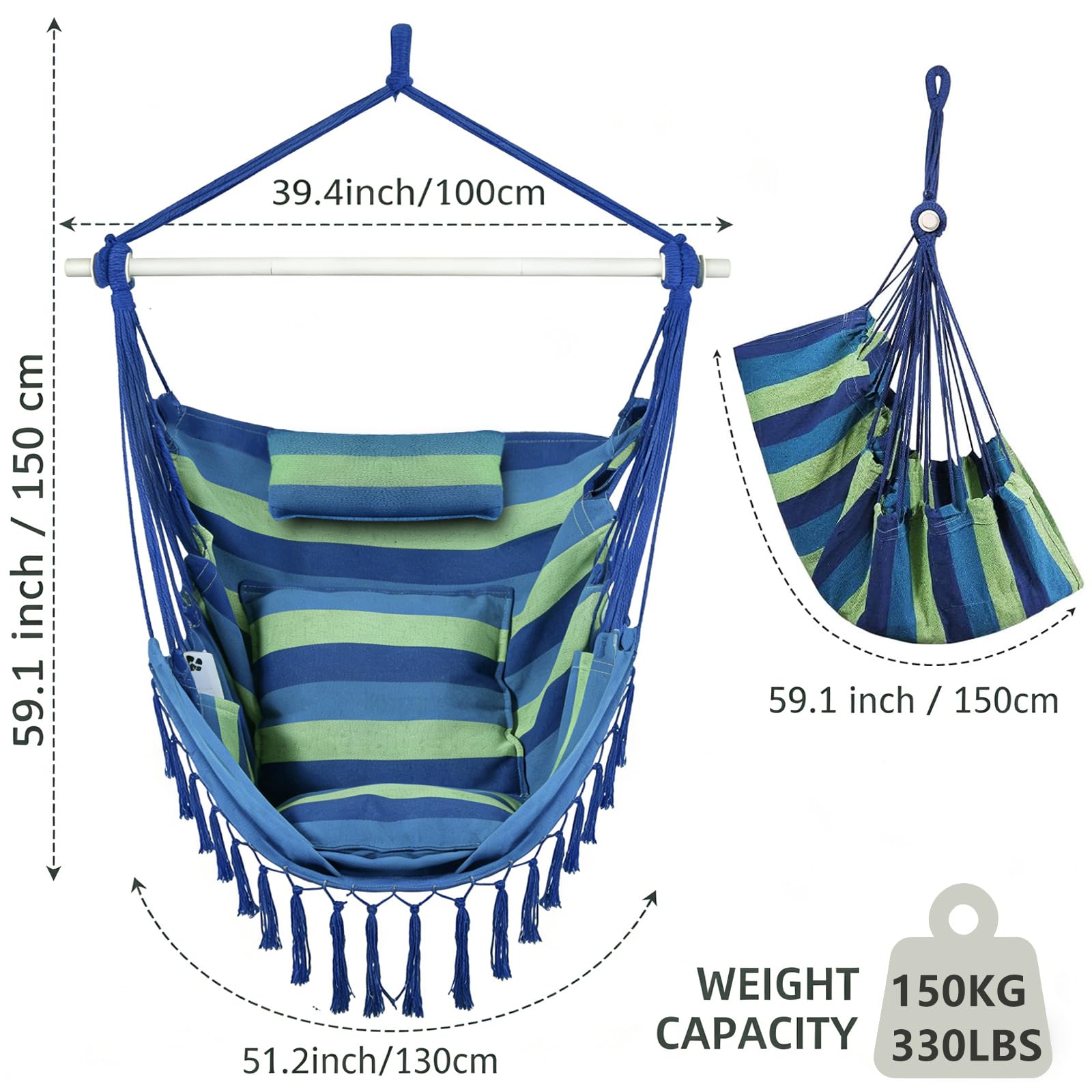 Goutime Chaise hamac avec 2 Coussins et Coussin de Cou,Grande Taille hamac siège balançoire avec Poche latérale et Tige en Acier Durable, Fauteuil Suspendu (Bleu Vert)