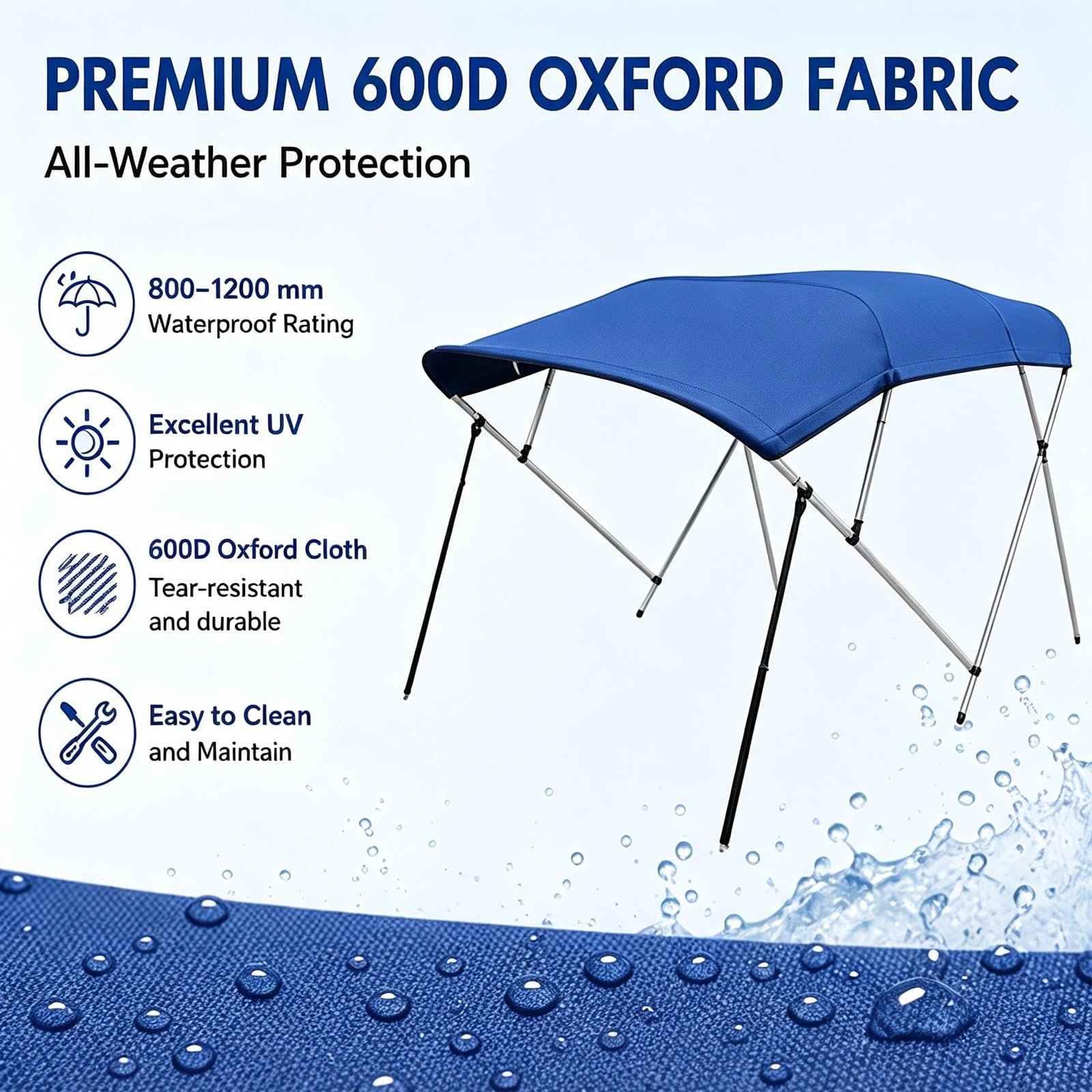 Tendalino Barca Impermeabile e Resistente ai Raggi Tendalino Barca 4 Archi | Telaio in Acciaio Inox 316, Tessuto Oxford 600D, Grado di Impermeabilità 800-1200mm, 220×180×125cm