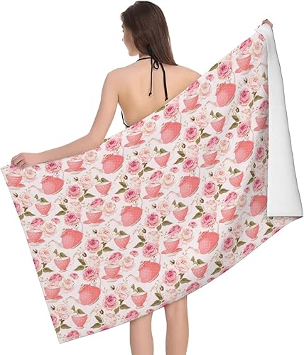 ADORIO Tazas de té con rosas románticas toallas de baño de microfibra con estampado desgastado, utilizada para baño, piscina, viajes a la playa,