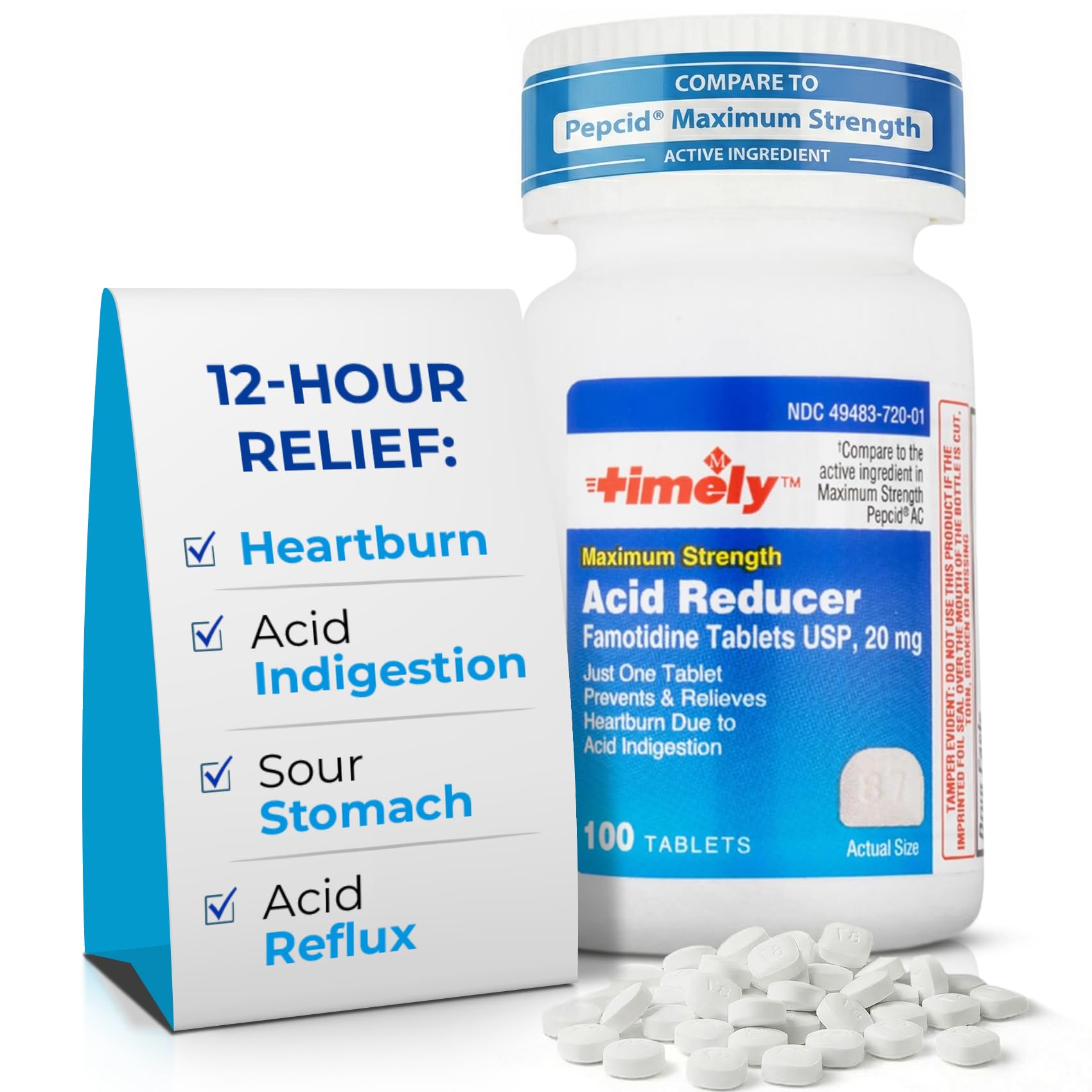 TIME-Cap Labs Acid Reducer & Heartburn Relief - Famotidine 20mg - for Adults & Children 12+ - Helps with Acid Indigestion & Sour Stomach - Antacid Medicine Tablets (100 Count)