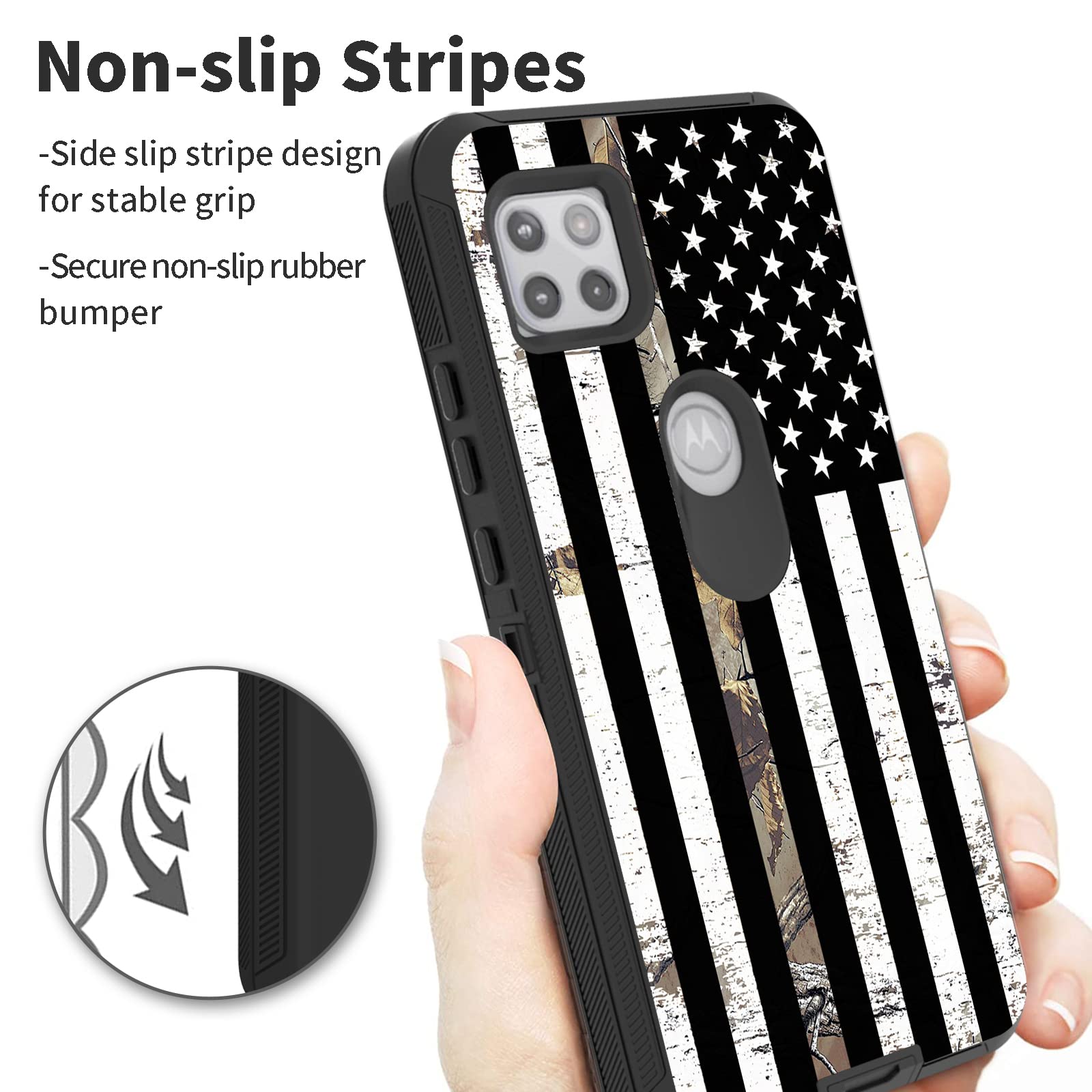 3 Layer Phone Case for Motorola Moto G 5G / Moto One 5G Ace, Heavy Duty Drop Protection Full Body Shockproof Rugged Cover Case with Swivel Belt Clip Holster & Kickstand, American Flag Camo Tree