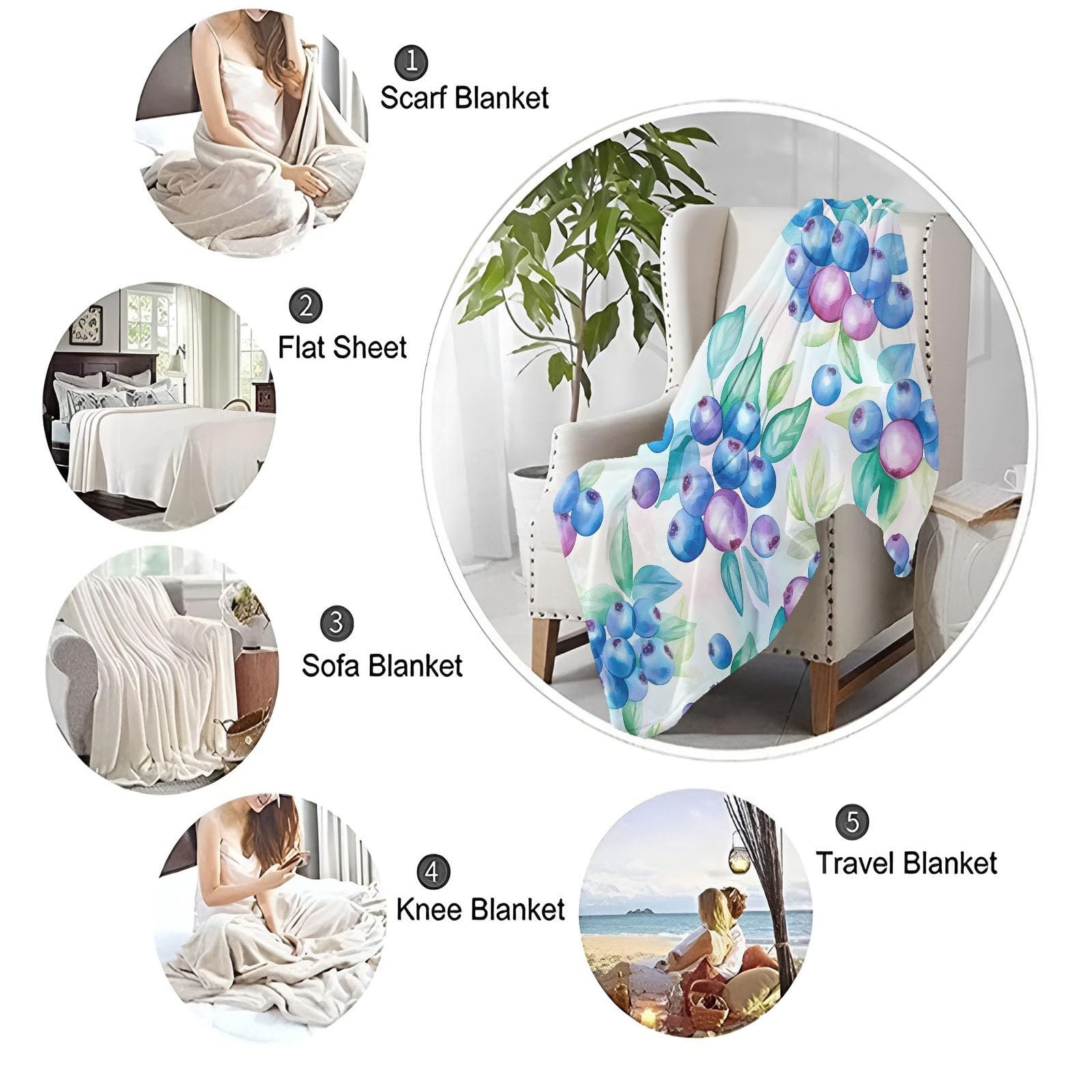 Manta Estampada 220 X 240 cálida Manta acogedora sofá Mantas Mantas de Arándanos y Hojas Coperta Microfibra Pelosa, per Letto Soggiorno Azul