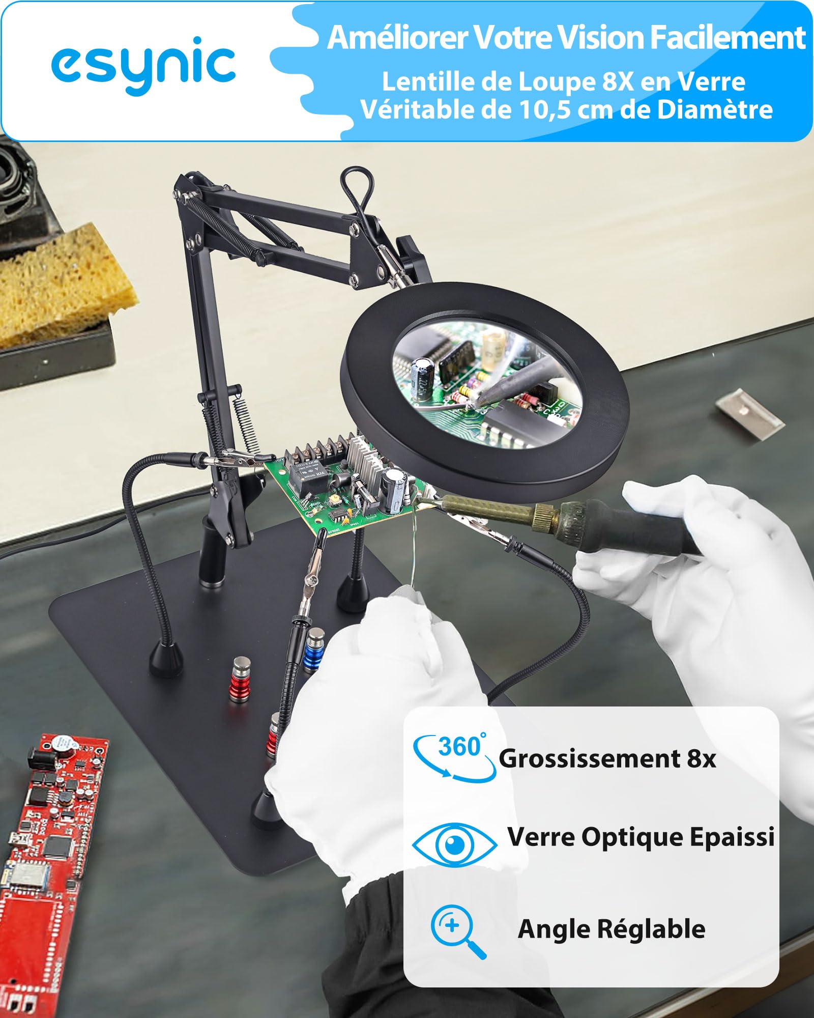 eSynic Loupe Professionnelle 8x 4 Mains Magnétiques Station de Soudage avec Lumière Grande Base Pince 4 Colonnes Fixes 72 LED Loupe de Bureau pour la Soudure l’artisanat, etc