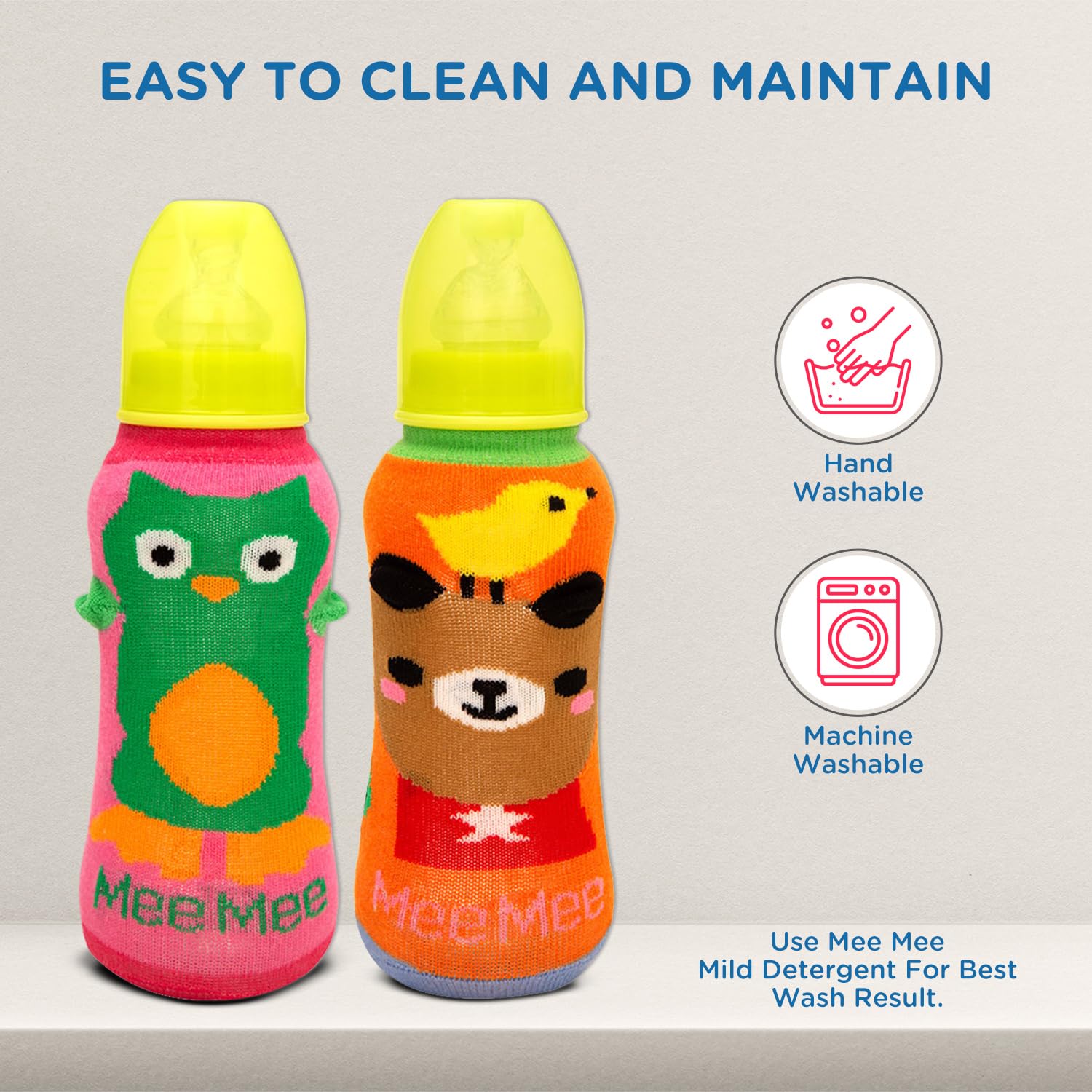 Mee Mee Soft Plush Stretchable Baby Feeding Bottle Cover with Cute Animated Overall Print (Pk-2) Multicolour - Image 5 thumbnail