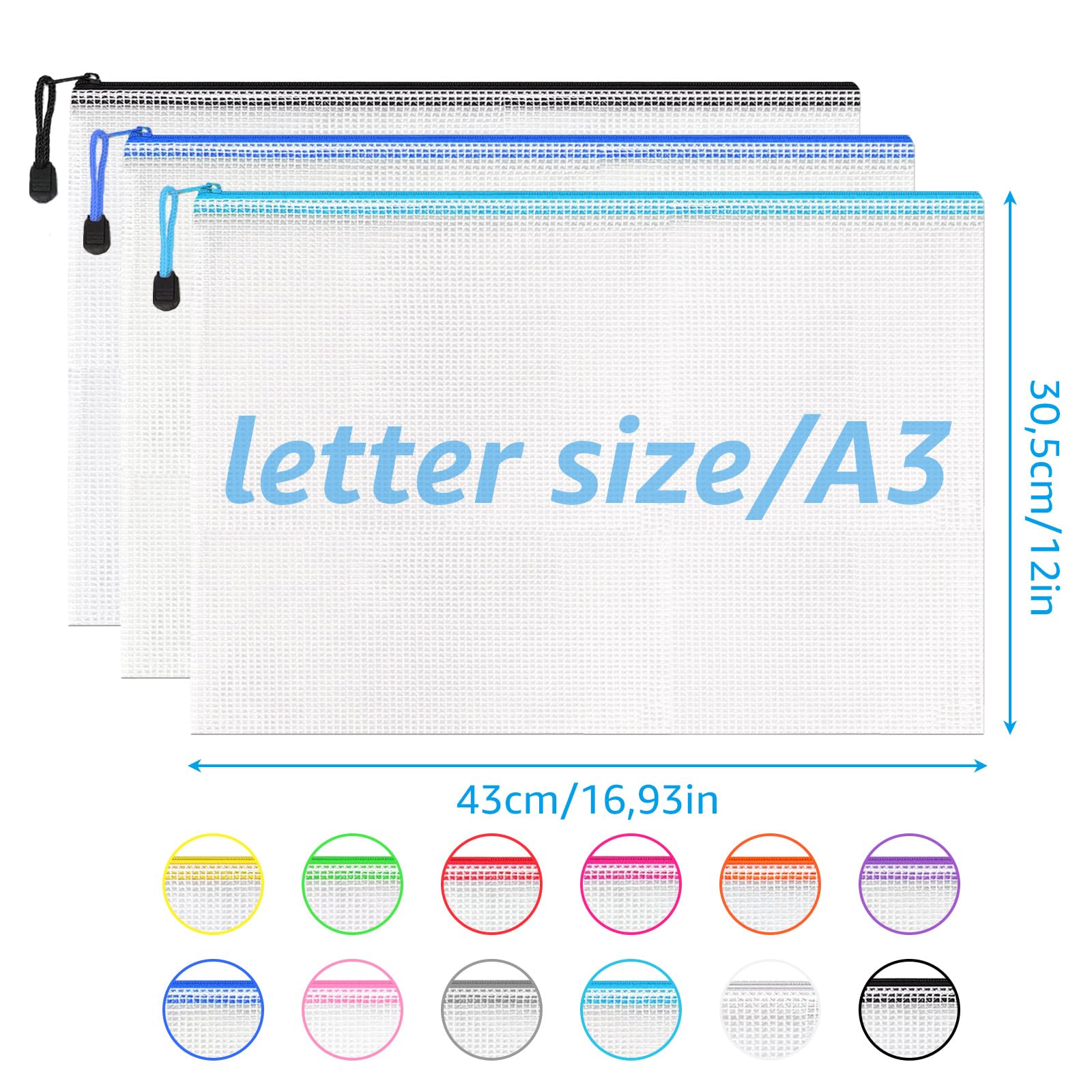 ASelected 40PCS Pochette Document, Pochette Zip Chemise PVC Mesh (12Couleur, A3)