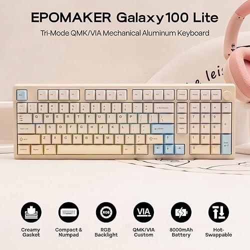 Miniatura 2 de EPOMAKER Galaxy100 Lite QMKVIA - Teclado para juegos con batería de 8000 mAh y teclado numérico, teclado mecánico de aluminio 1800, USB-CBT2.4Ghz,