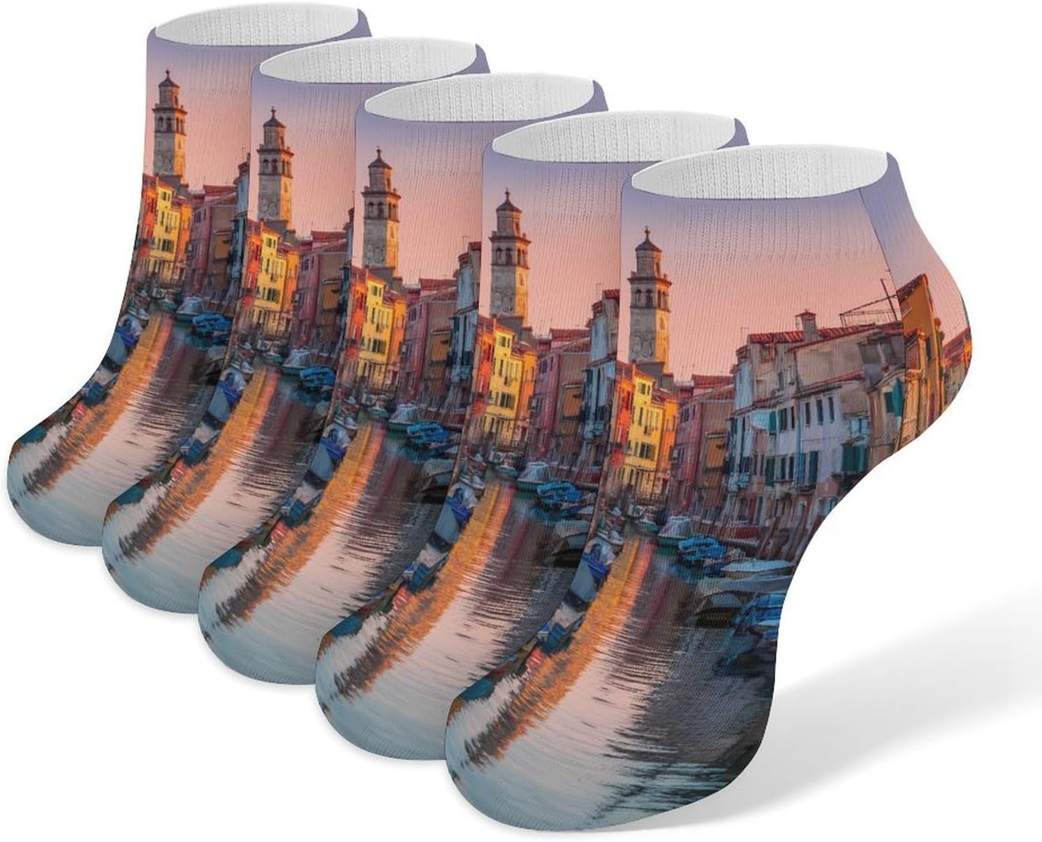 Canals Venice Italy Sunset No Show Ankle Socks Low Cut Non Slip Flat Boat Line 5 Pairs Set
