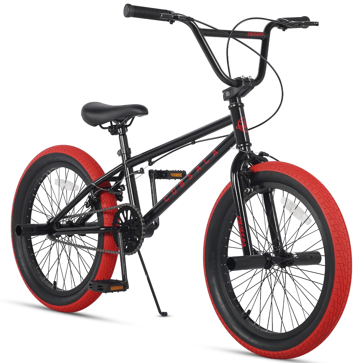 cubsala 20 Inch Freestyle Youth BMX Bicycle Kids Bike for 6 7 8 9 10 11 12 13 14 Years Old Boys Girls Young Adult and Beginner-Level Rider with 4 Peg, Black with Red Tires