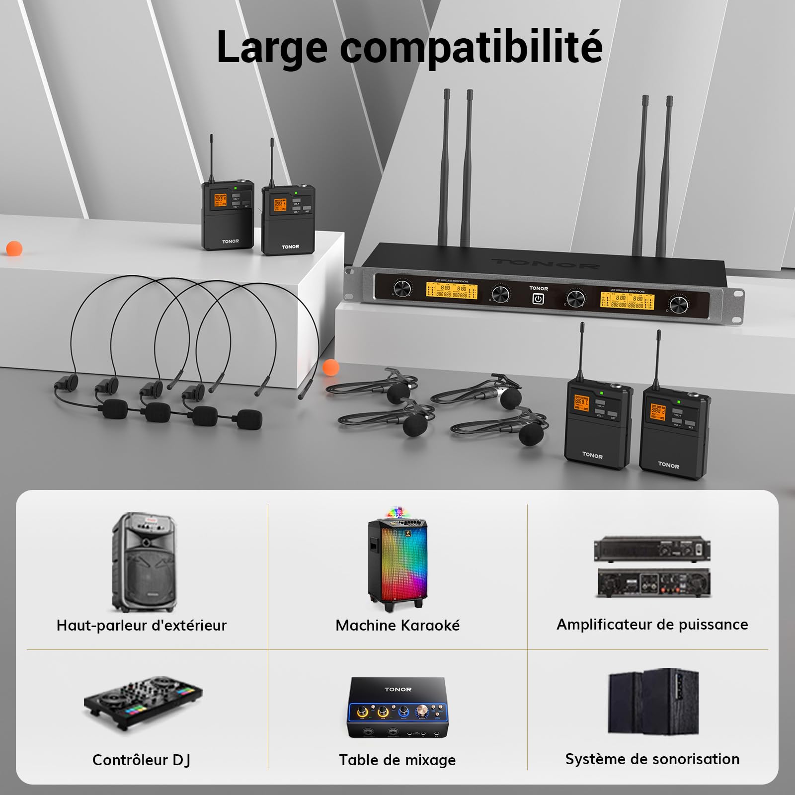 TONOR Système de Micro sans Fil UHF avec Double Micro-Casque/Lavalier, Emetteur de Poche, Récepteur Rechargeable, 4x5 canaux, 90M de portée, Enregistrement de la Voix, Sonorisation