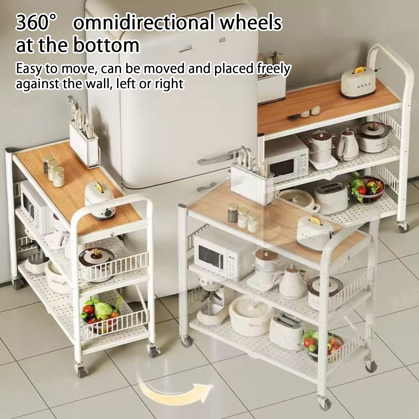 Carrello Cucina a 3 Ripiani in Metallo, Carrello da Cucina con Maniglia e Ruote, Scaffale Cucina Salvaspazio Organizzatore per Snack Libri Frutta Lavanderia o Bagno(Bianco,60cm/23.6in)