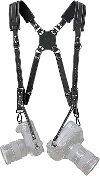 Padwa Lifestyle Black Frosted Dual Camera Harness Strap for Two-Cameras - Dual Shoulder Full Grain Leather Harness,Multi Double Camera Gear for DSLR/SLR Strap,Double Camera Harness for Photographers