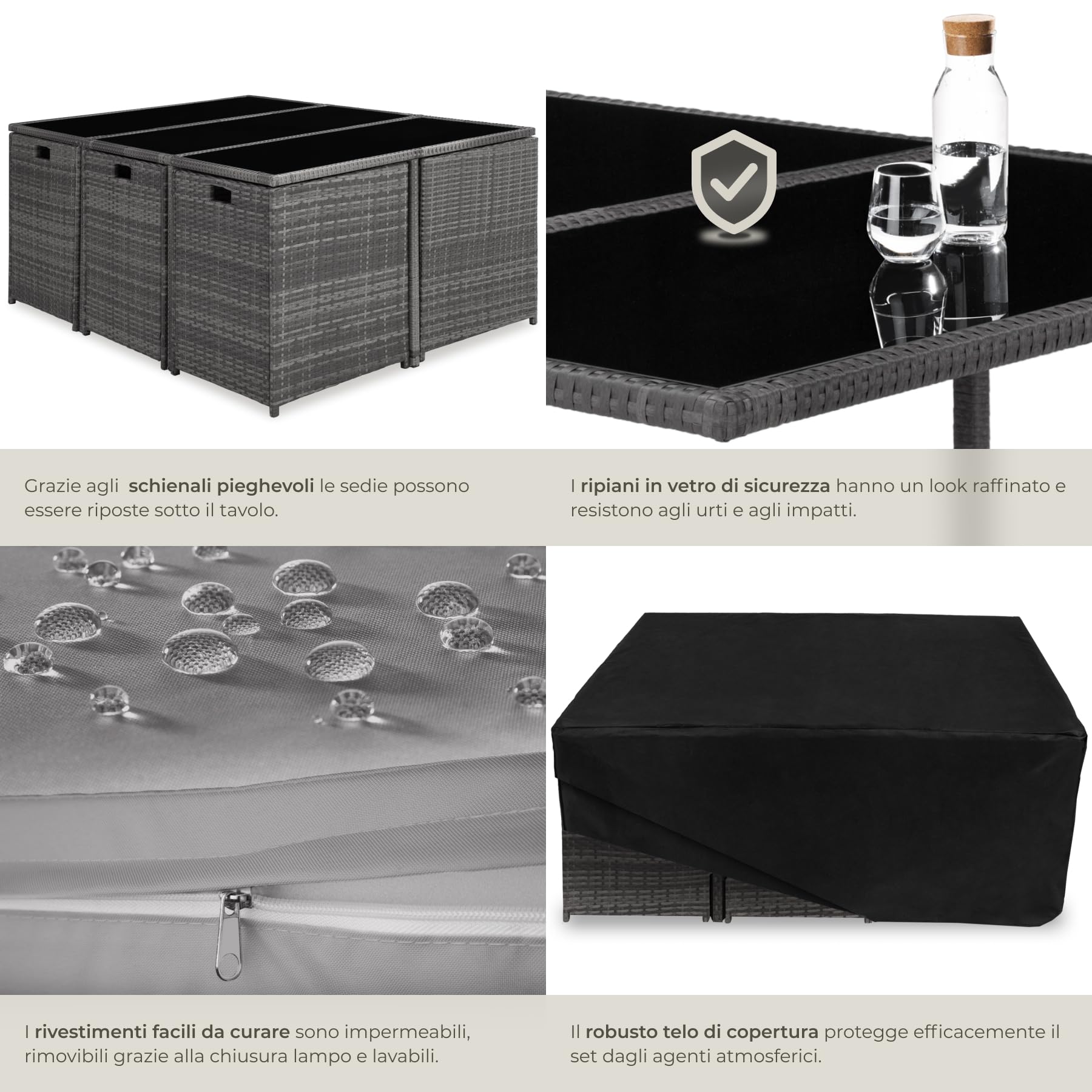 Tectake Set di Mobili Poli Rattan 6 Sedie 1 Tavolo Vetro 4 Sgabelli Involucro Protettivo Giardino Grigio
