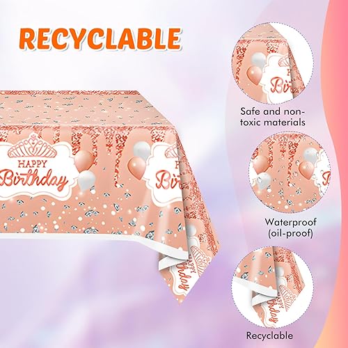 Miniatura 3 de 41 piezas de suministros para fiesta de cumpleaños de oro rosa, incluye 20 platos, 20 servilletas y 1 mantel, vajilla desechable con temática de oro