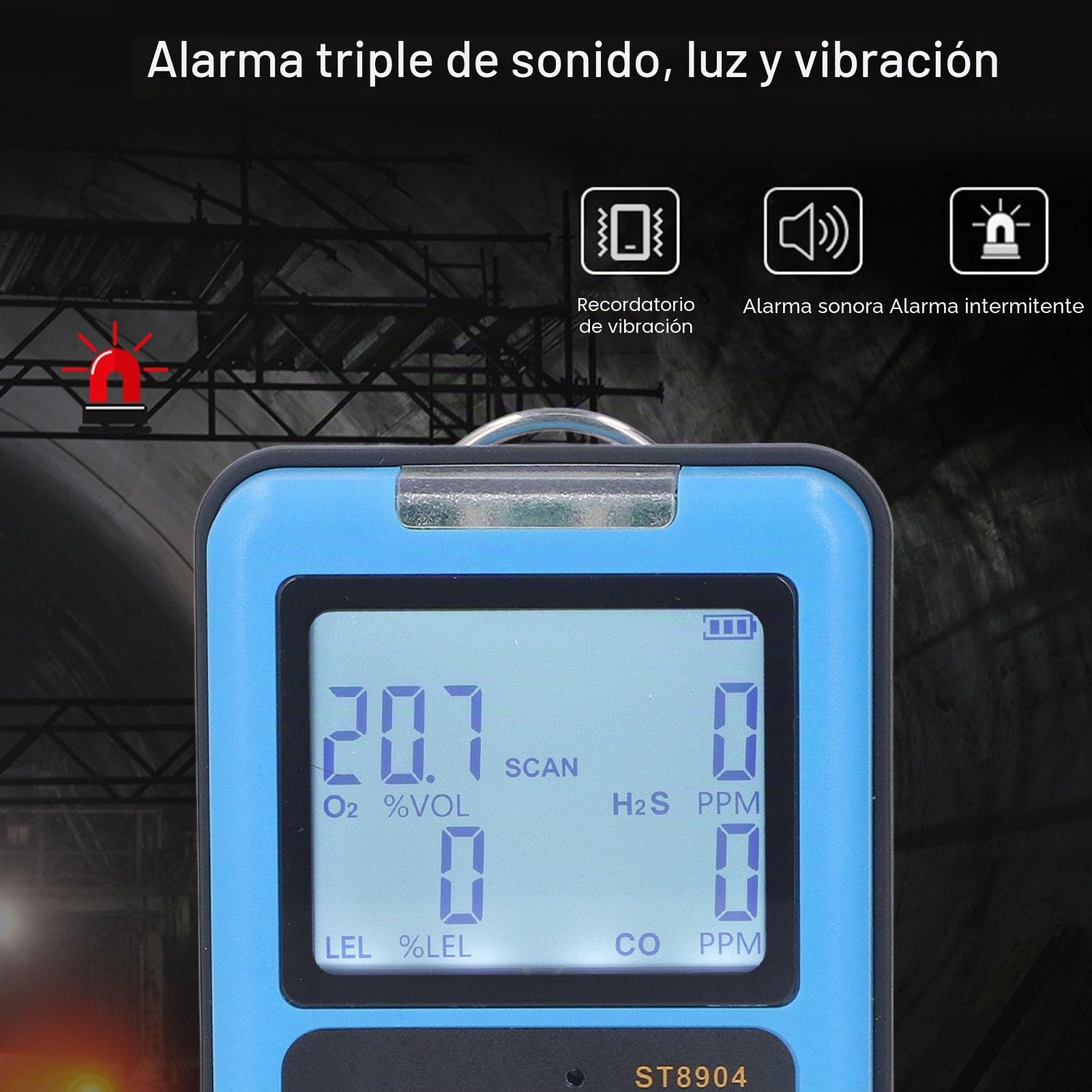 Detector de Gas 4 en 1, Monitor de Gas Múltiple CO H2S O2 LEL Analizador de Probador de Alarma Pantalla Retroiluminada