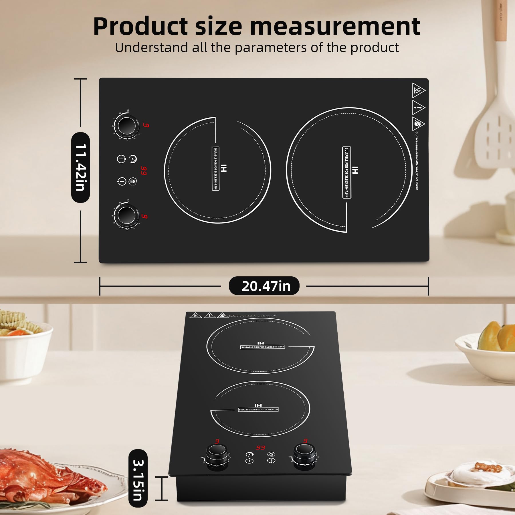 Wesonorous Double Induction Cooktop,110V 2600W 2 burner induction cooktop with hot plat with LED Touch Screen 10 Levels,Child Safety Lock & Timer view 8