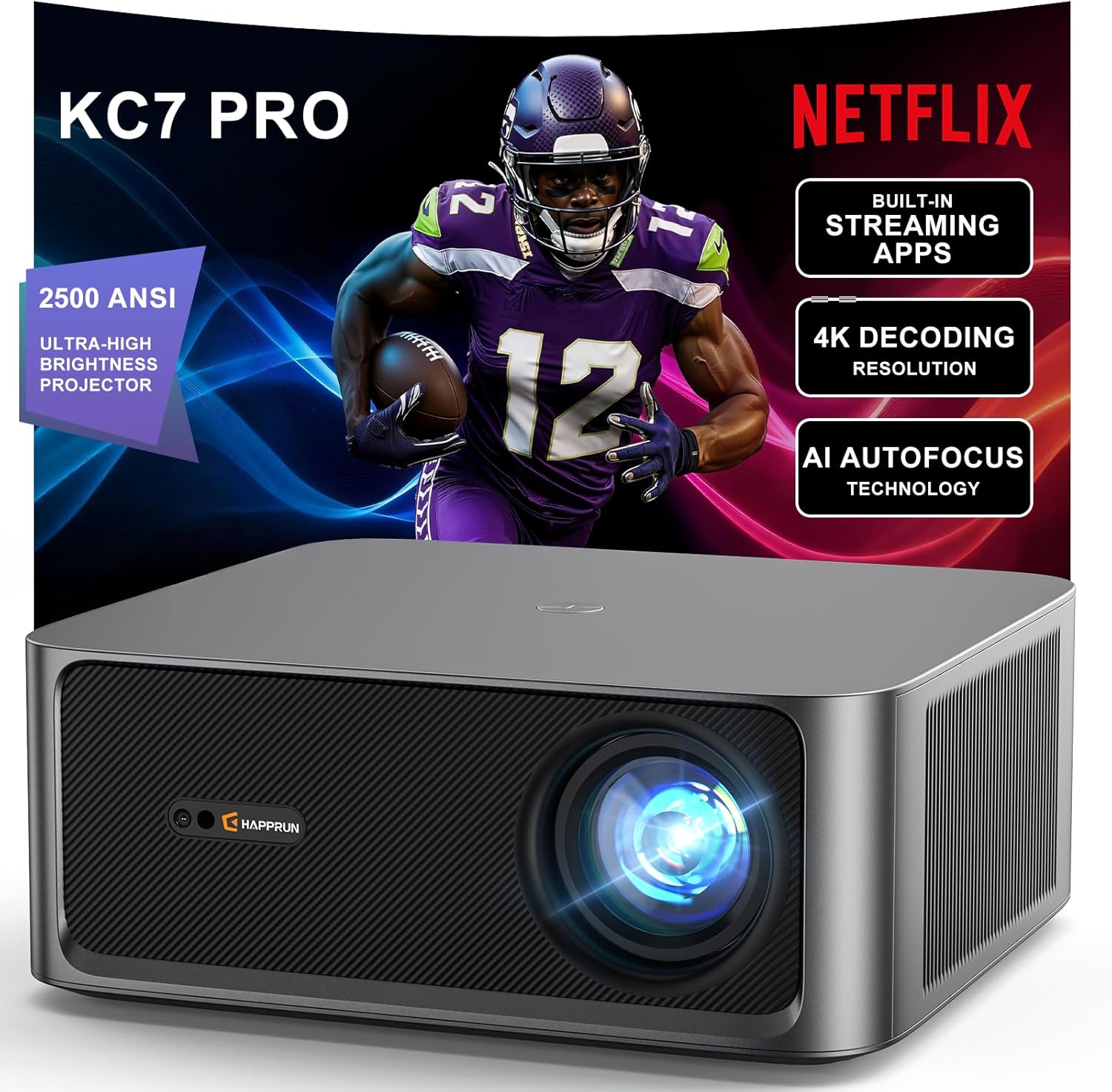 HAPPRUN 2500 ANSI Lumens Outdoor Projector with Built-in Streaming Apps, 4K Decoding Resolution, Dolby Audio, WiFi 6 and Bluetooth 5.2 for Indoor and Outdoor Home Theater