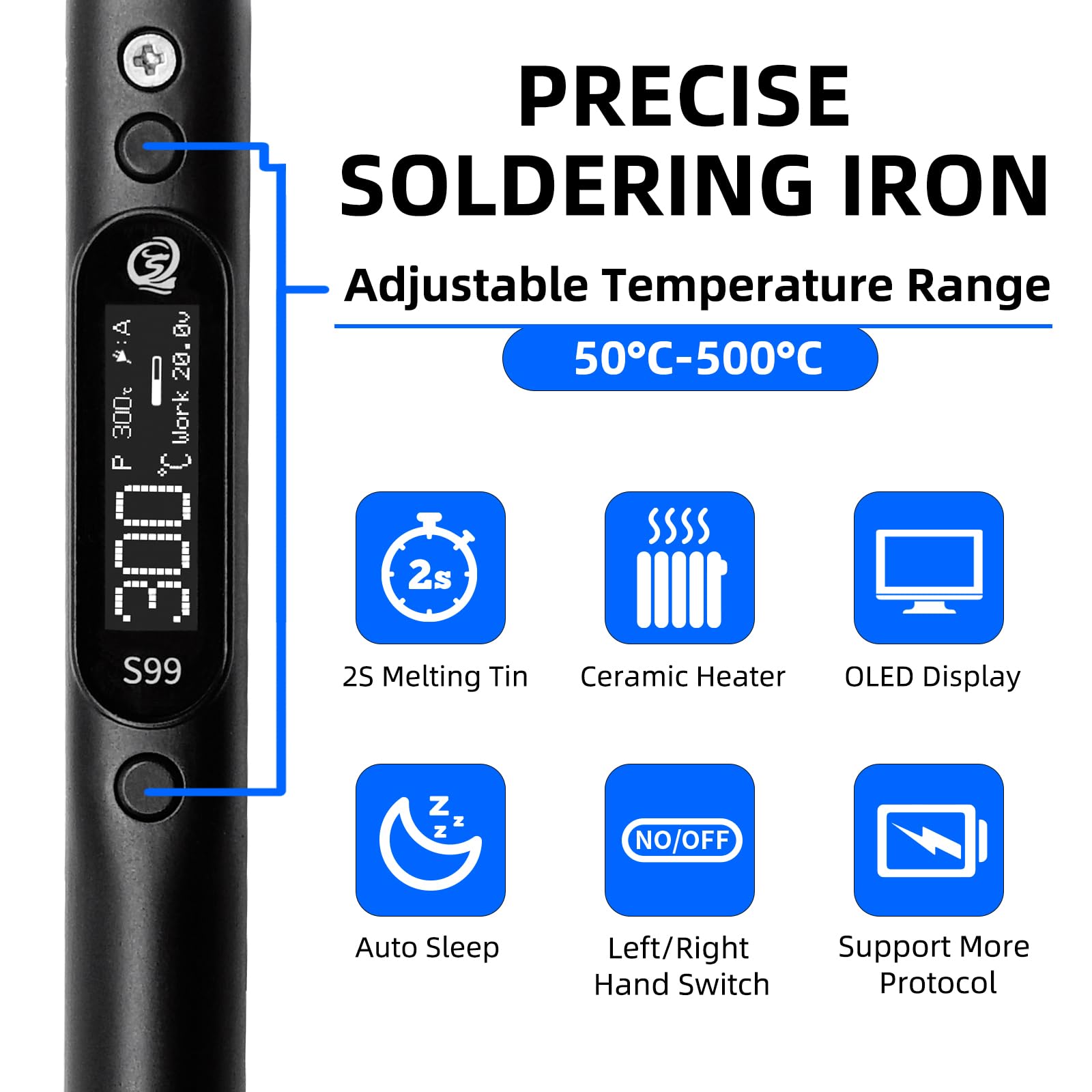SEQURE Saldatore portatile S99, max 150W, 3 temperature preimpostate | Riscaldamento rapido 50 ° C-500 °C, mini strumento di saldatura, solo controller e punta di saldatura BC2