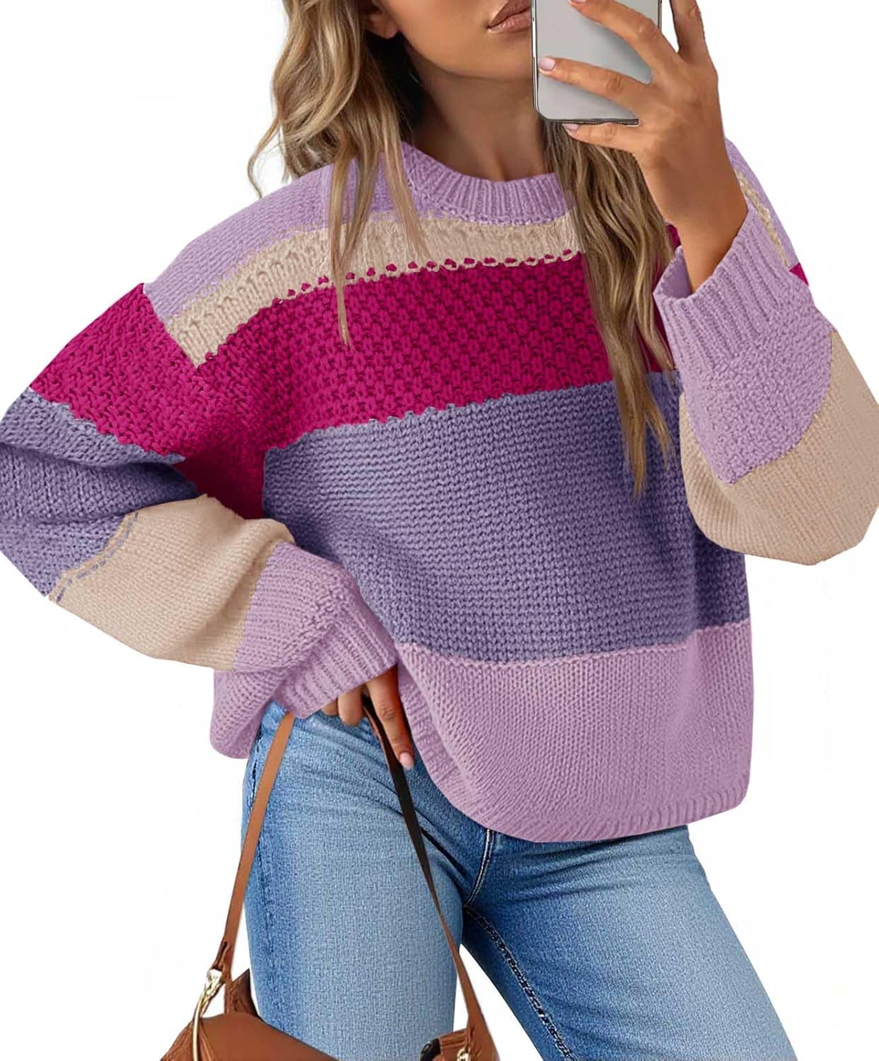 Saodimallsu Womens Color Block Cropped Sweaters 2025 Winter Trendy Casual Oversized Y2k Going Out Striped Pullover Tops