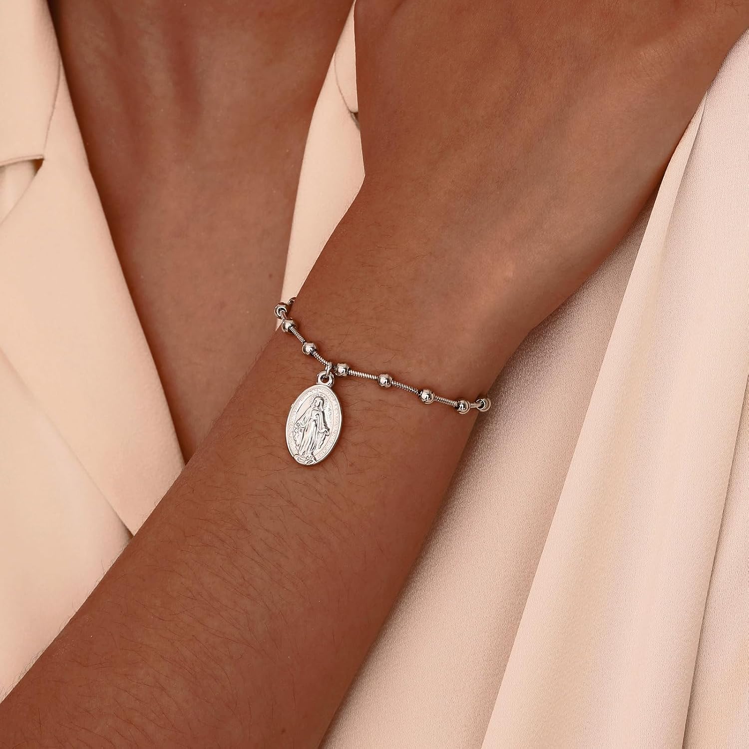 Silver Italian Rosary Cross Bead Charm Link Chain Bracelet for Women, Adjustable and Elegant Jewelry