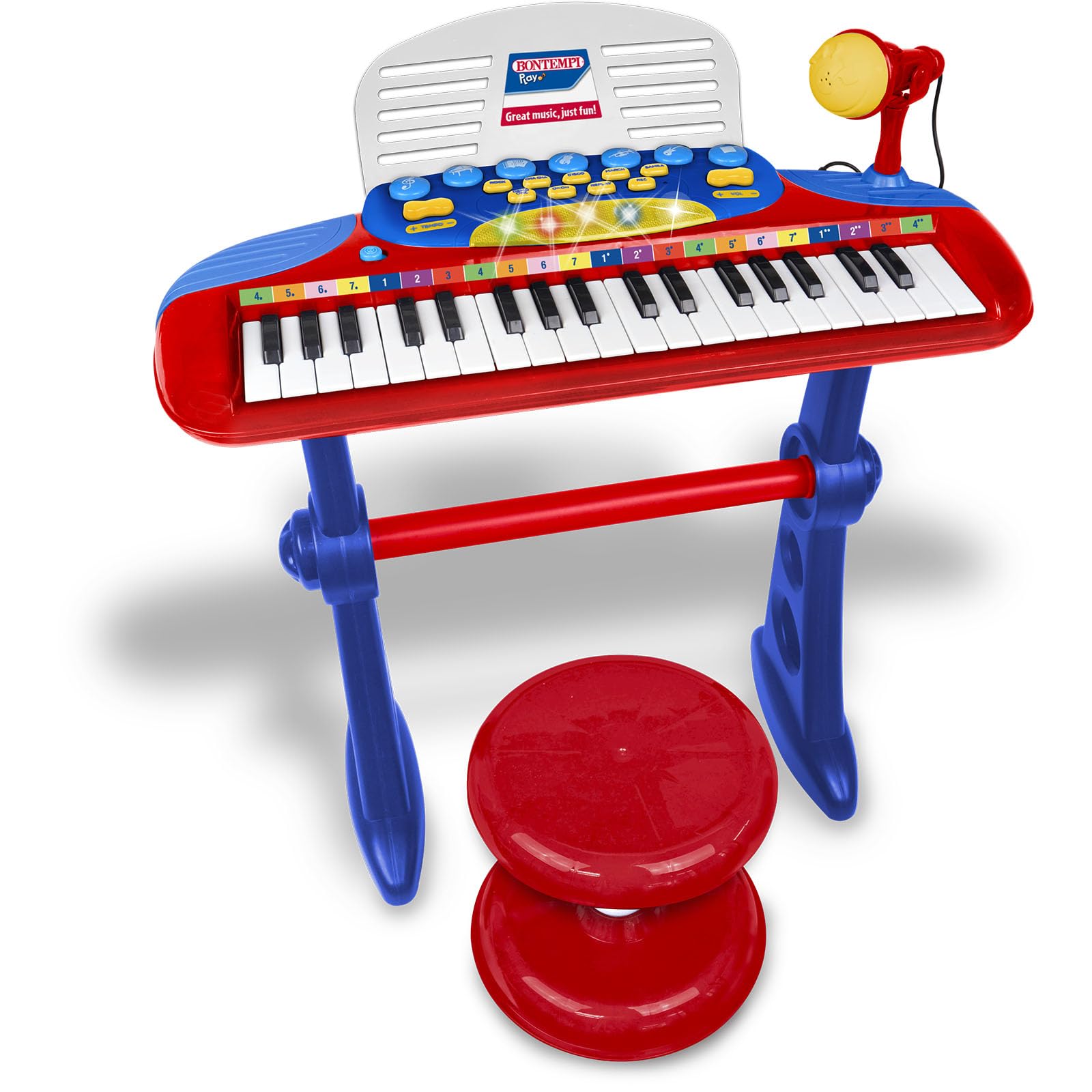 Bontempi | MiniKeyFun - Tastiera Giocattolo a 37 Tasti per Piccoli Musicisti con Microfono, Sgabello e Leggio, Blu e Rosso, 59,9x42,9x11,9 cm