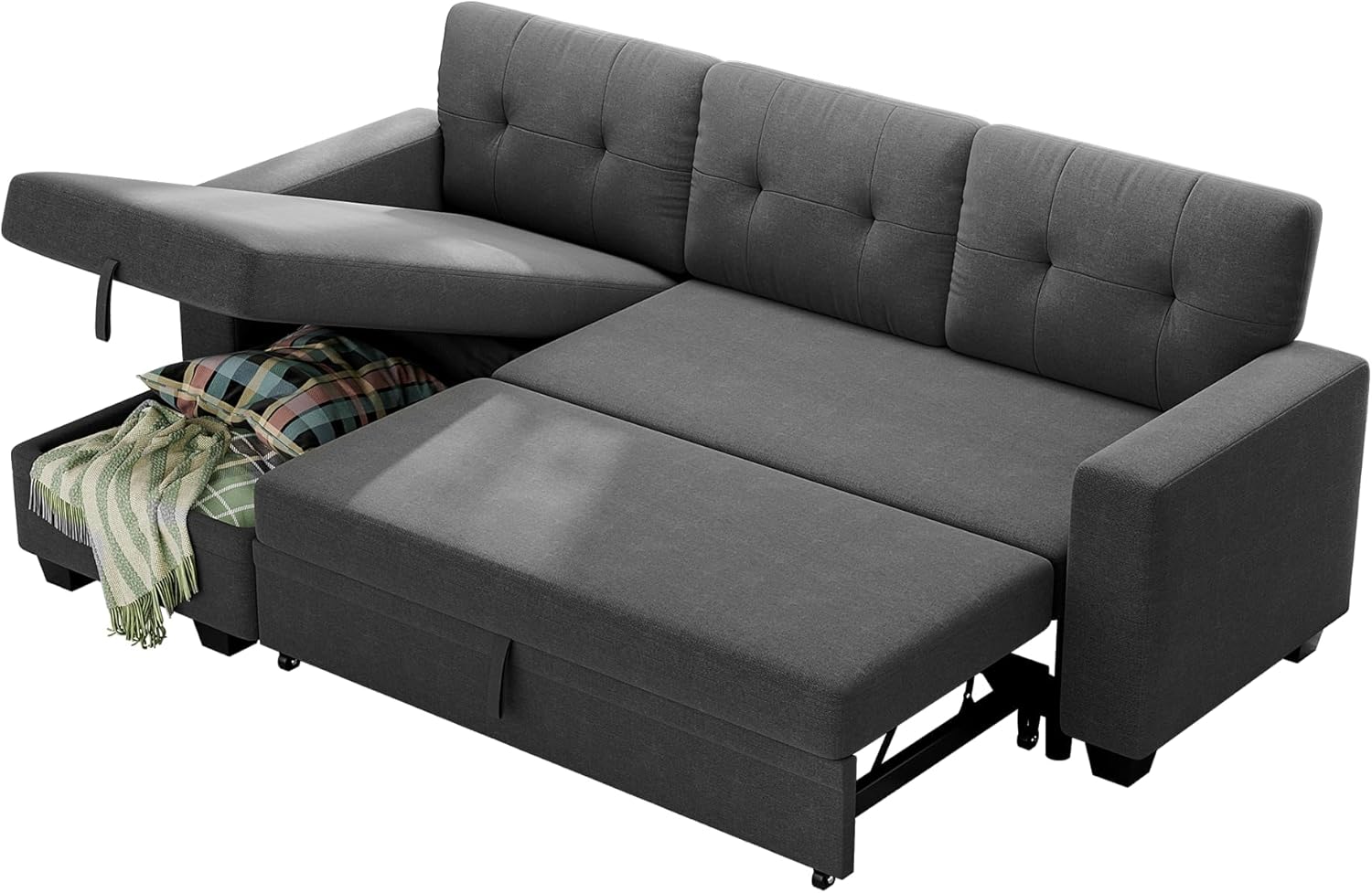 Sofa Bed Reversible Convertible Sleeper Pull Out Couches with Storage Chaise, Linen Fabric Furniture for Living Room, Bedroom, Apartment, Dark Gray