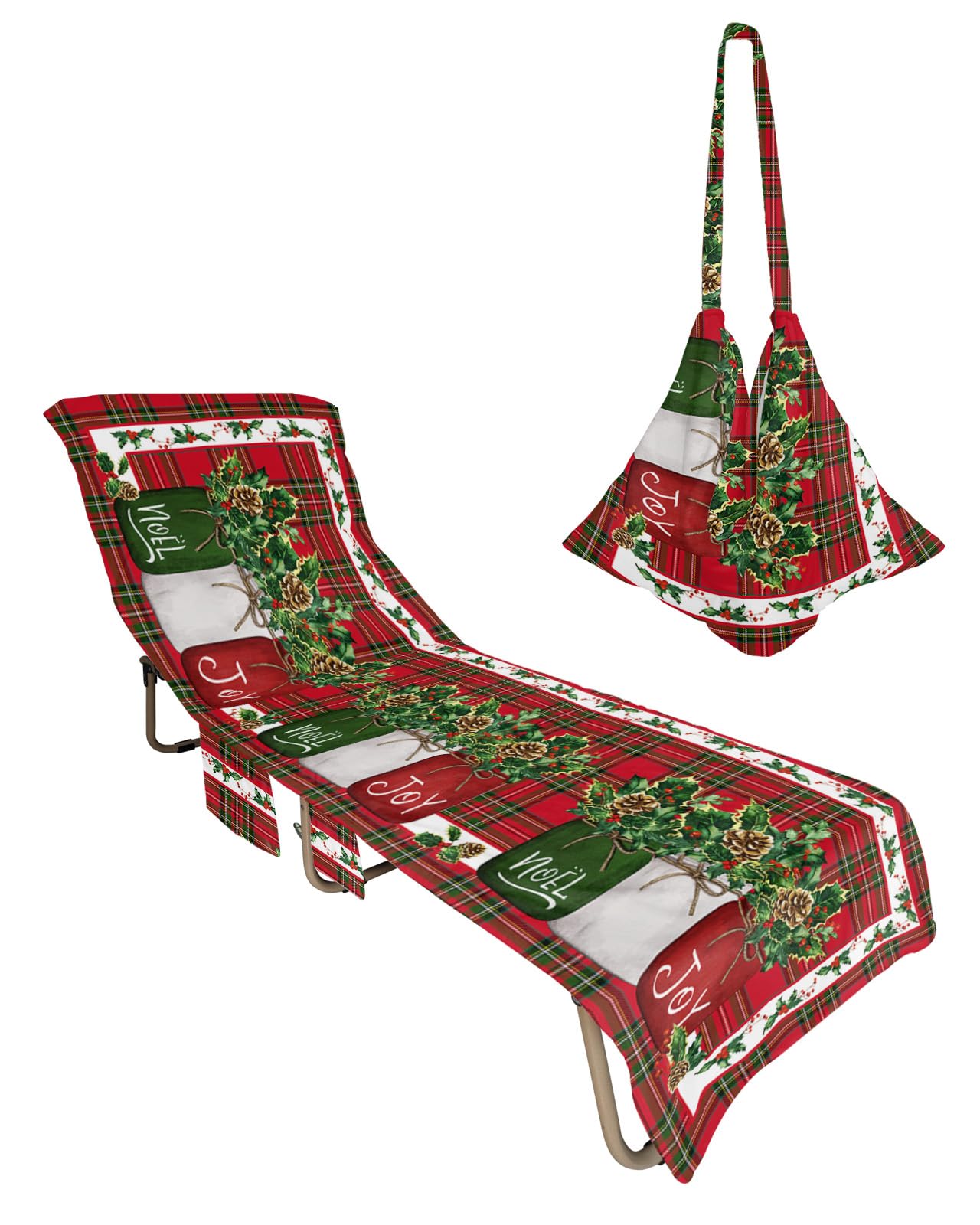 Christmas Lattice Beach Chair Towel Covers for Chaise Lounge With Side Pocket, Soft Plush Pool Towels Cover for Patio Sunbathing Outdoor 29''x85'' Red Buffalo Winter Green Berry