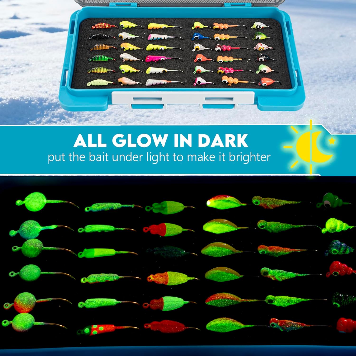 QualyQualy Ice Fishing Jigs Kit 38-72Pcs Ice Fishing Lures for Walleye Perch Jigs Heads for Ice Fishing Tackle Panfish Crappie Jigs, Glow in Dark-Ice Fishing Jigs with Storage Box