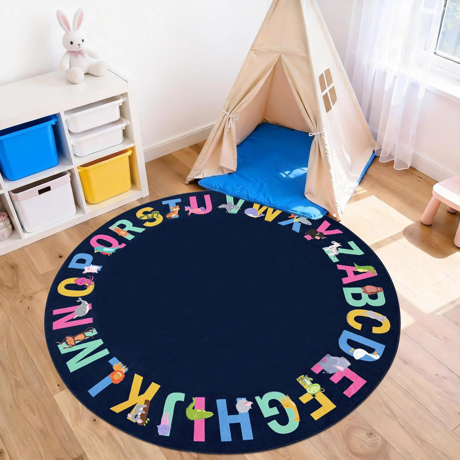 USTIDE ABC Alphabet- und Tier-Lernteppich für Kinder – 120 cm rutschfester pädagogischer Teppich, maschinenwaschbar, weich, Kinderteppiche für Spielzimmer, Schlafzimmer, Klassenzimmer – Blau, runde