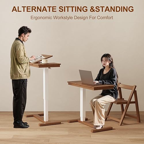 Miniatura 6 de Mesita de noche de madera maciza con ruedas, mesa de cama de hospital ajustable sobre la cama, escritorio rodante para computadora portátil,