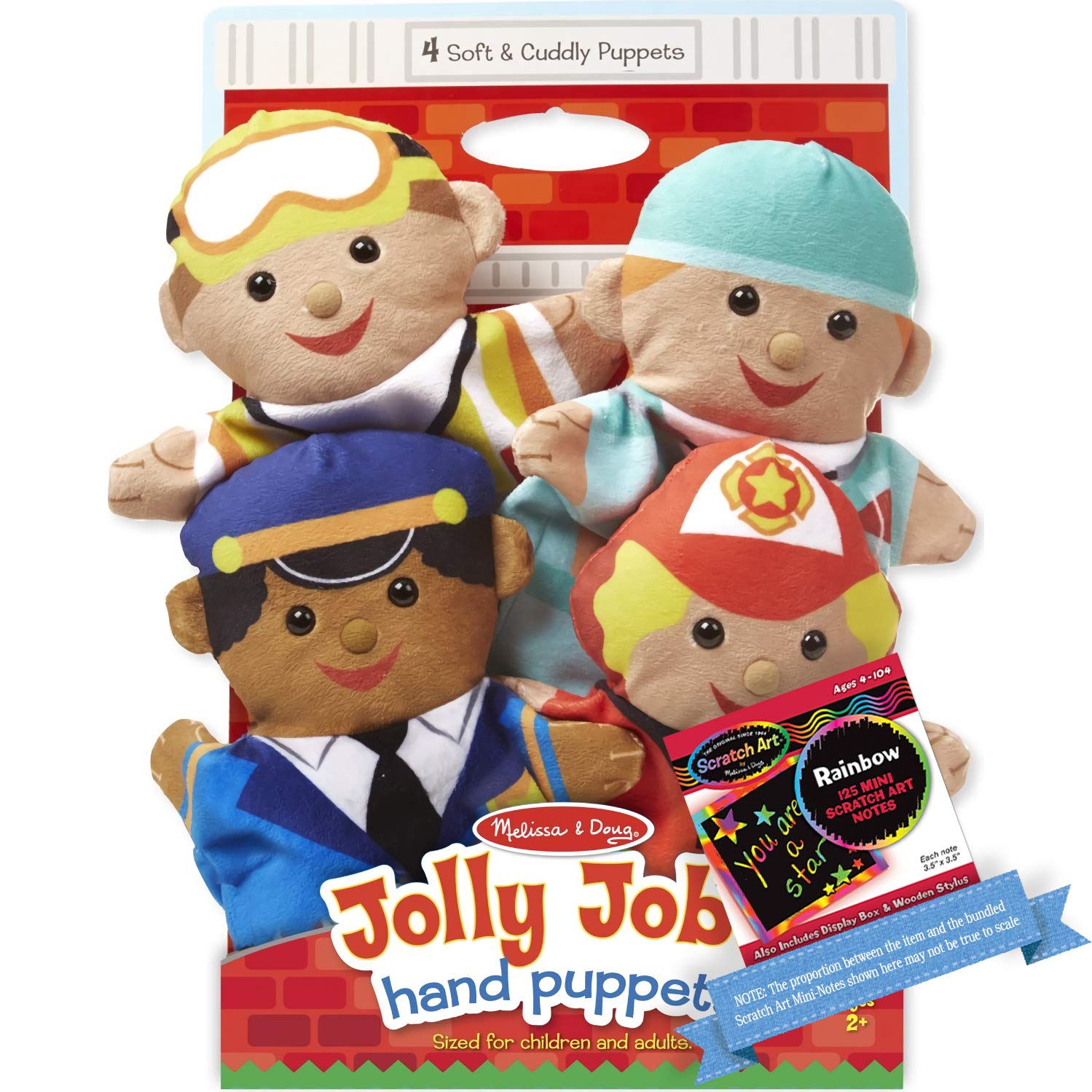 Melissa & Doug Jolly Helpers: 4-Piece Hand Puppets Gift Set Bundle with 1 Theme Compatible M&D Scratch Fun Mini-Pad (09086)