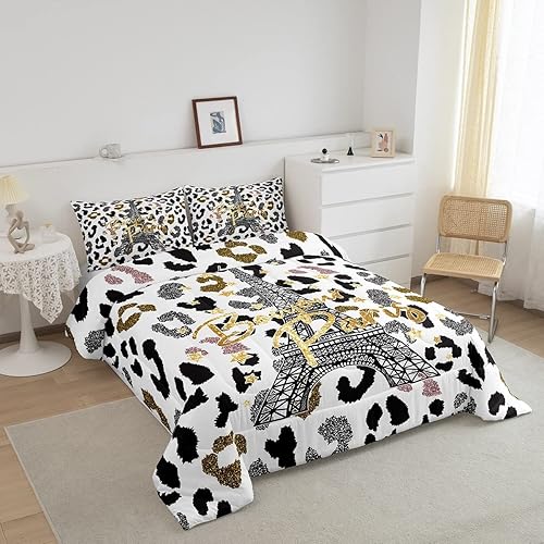 Miniatura 2 de Feelyou Juego de edredón de la Torre Eiffel, juego de ropa de cama con estampado de leopardo para niños y niñas, edredón de torre de París, juego de
