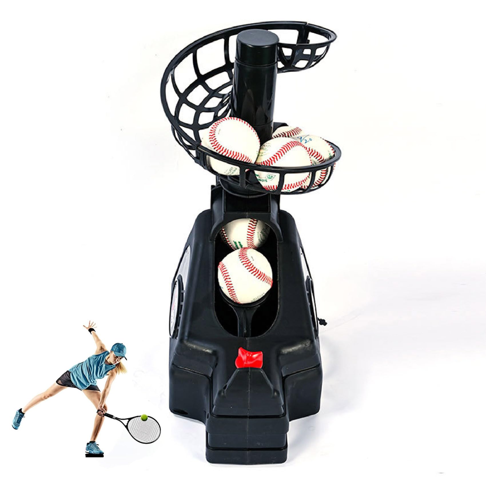 Macchina per lanciare palline da baseball e tennis, design portatile, distanza di volo regolabile, alimentato a batteria o adattatore CA