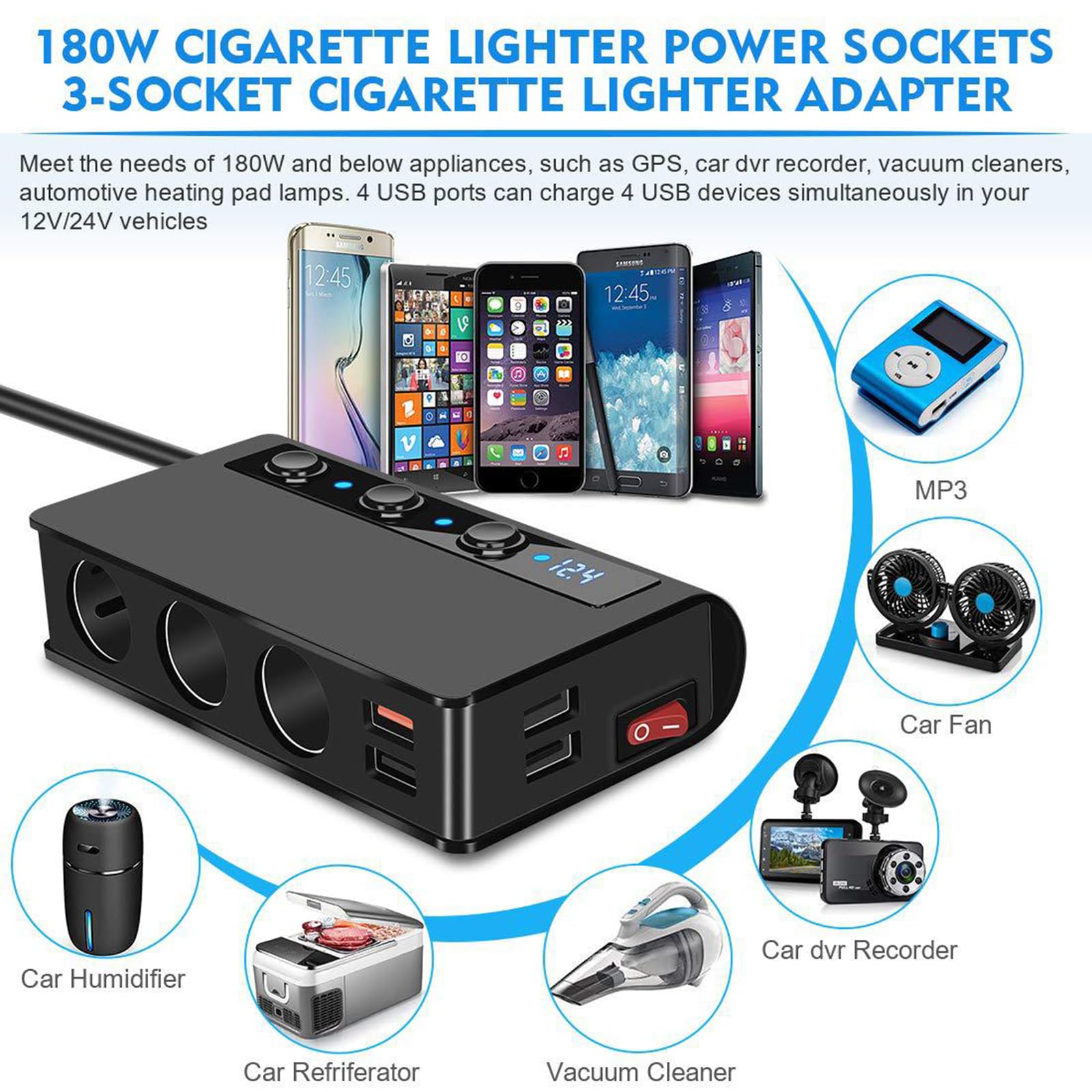 Cargador de coche Enchufe encendedor Splitter 180W Adaptador de mechero con 4 puertos USB Interruptor separado Pantalla de voltaje QC3.0 Carga rápida para teléfono tabletas Dash Cam