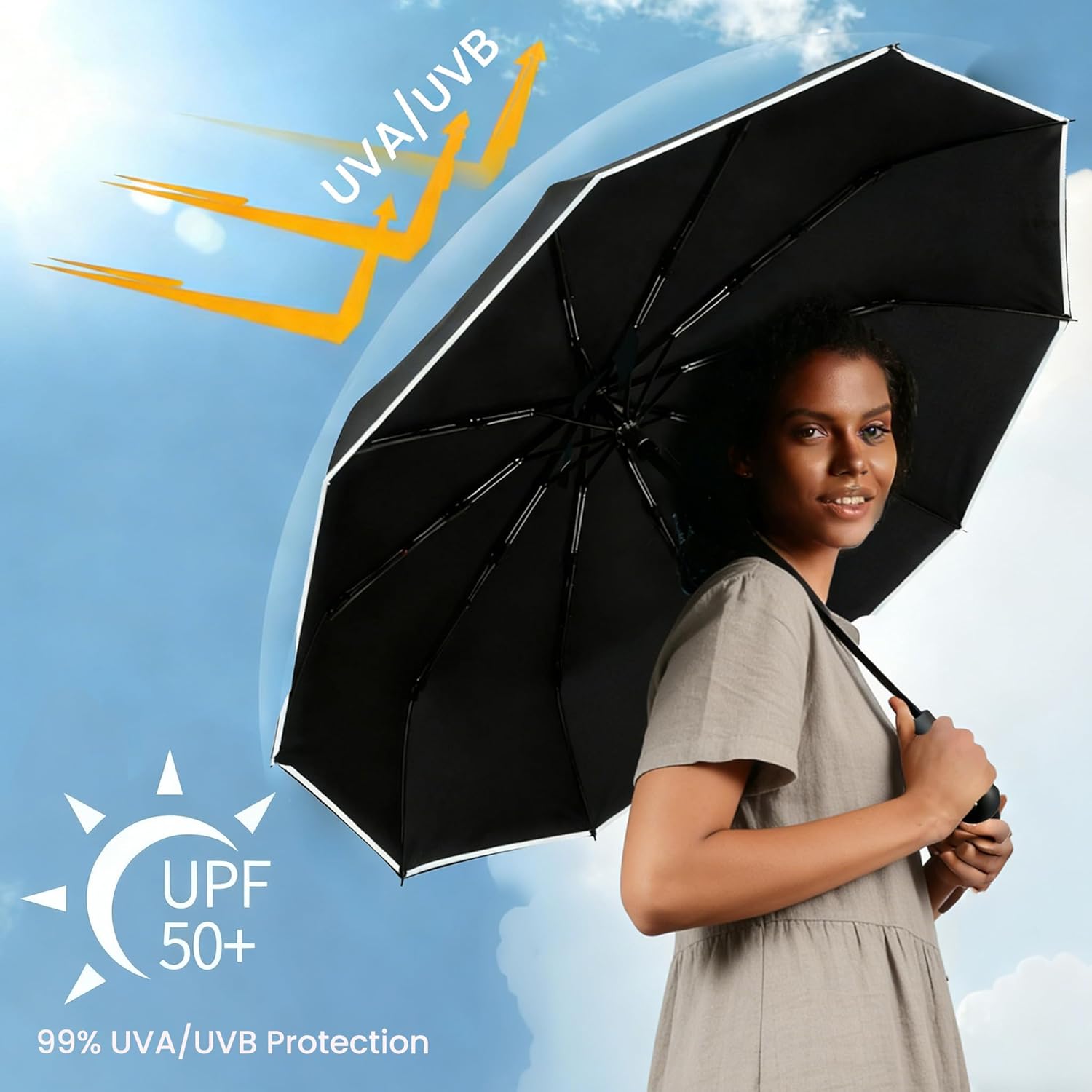 SIEPASA Travel Umbrella with Carabiner Handle - Windproof 10 Ribs Auto Open/Close for Rain & Sun Protection, Compact Portable Clip-on Backpack Design with Safety Reflective Strip. - Image 8