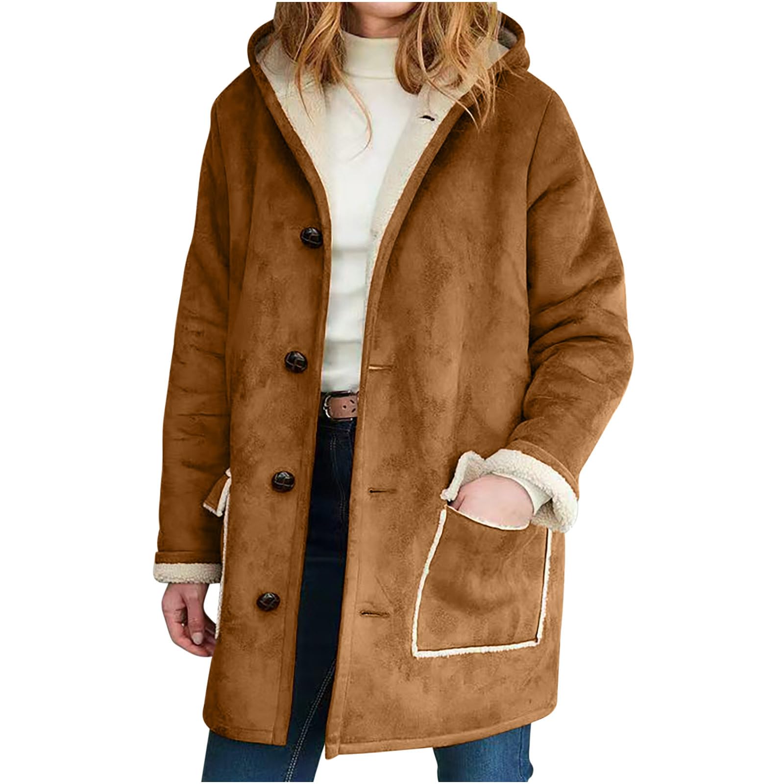 wuitopue Winter Warm Jackets for Women UK Composite Plush Button Lapel Collar Jacket Long Sleeve Outwear Coat Ladies Fall Winter Thermal Fleece Lined Sherpa Coats Size S-XXL