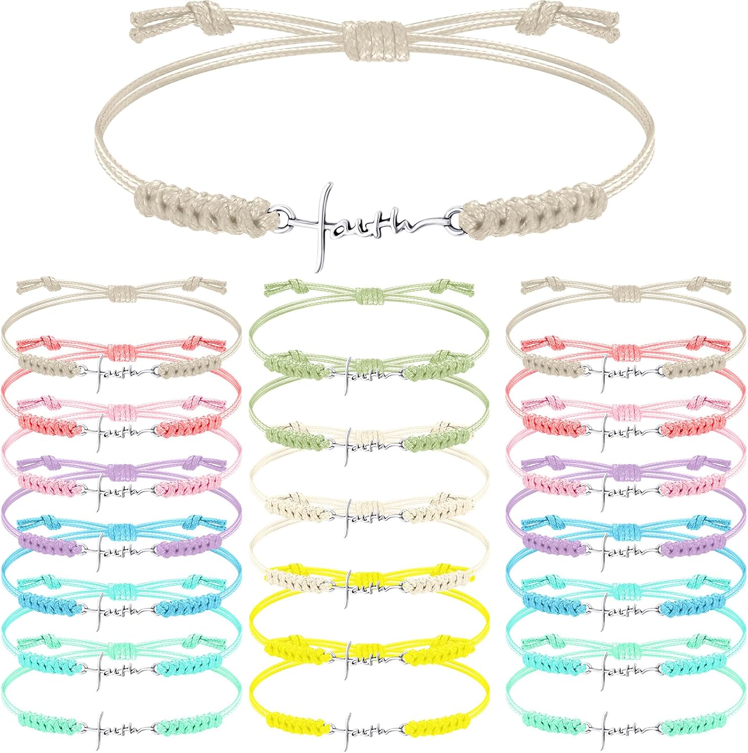 Rtteri 20 Pcs Faith Cross Bracelets Inspirational Birthday Jewelry Gifts Bulk Stainless Steel Hope Charm Adjustable Faith Bracelet Religious Gifts for Women Christian