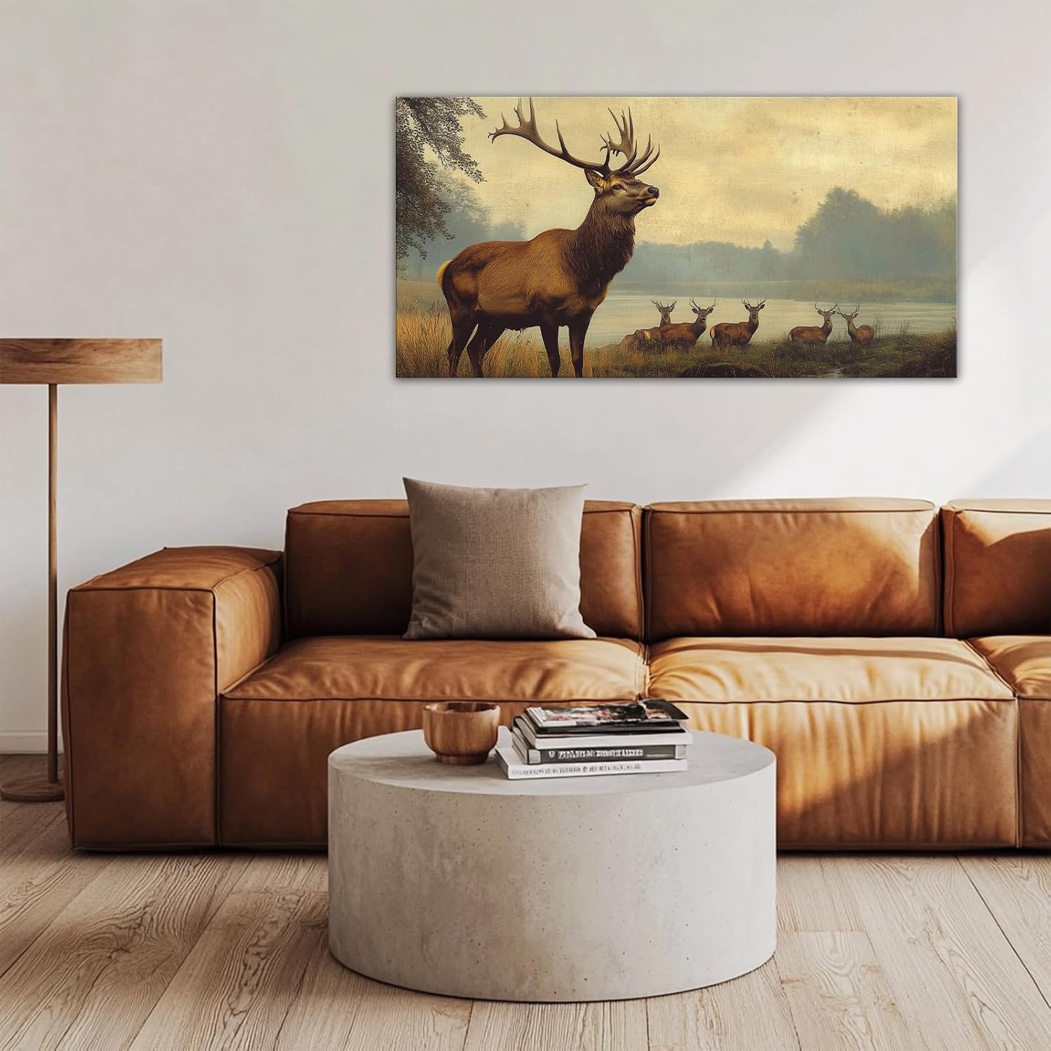 GLOKAKA Large Moose Canvas Wall Art Vintage Wildlife Painting Print Rustic Wild Animal Picture Nature Forest Landscape Poster Artwork for Living Room Home Wall Decor(Artwork-2,24"x48")