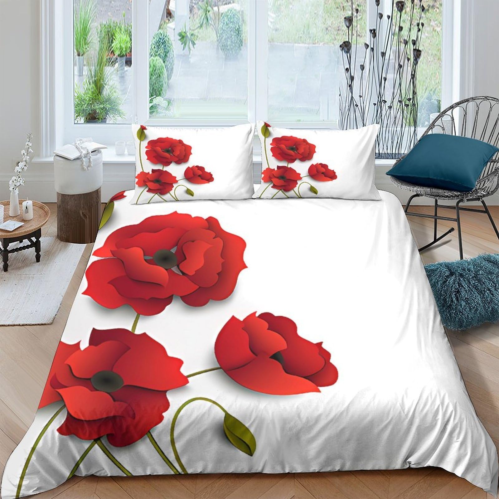 Ctjqhvkz Style-1 3D Printed Red Poppy Fitted Sheet Microfiber Soft Floral Bedroom Decor Poppy Mattress Cover Home Dorm Protection Single（135X200cm）
