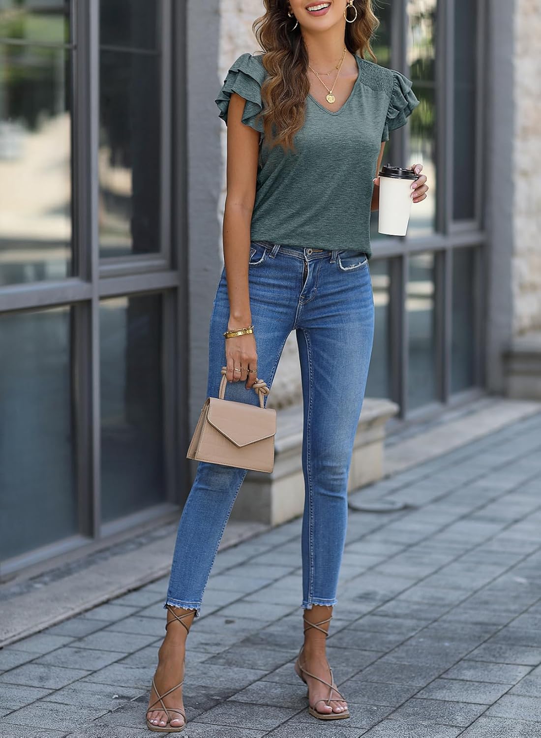 Dokotoo Women's Casual Ruffle Short Sleeve Tops 2026 Cute Solid Color Knit Ribbed T Shirts Blouses - Image 5