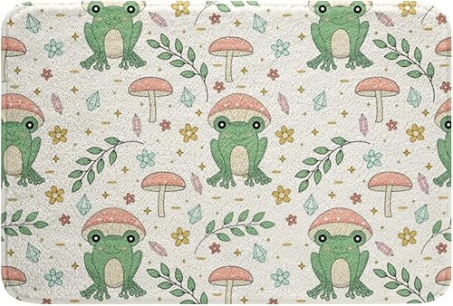 Alfombra de rana verde, alfombra de puerta de hongo rosa, tapete de baño Kawaii con rana de árbol, lindo hongo y rana, animales de granja, tapete
