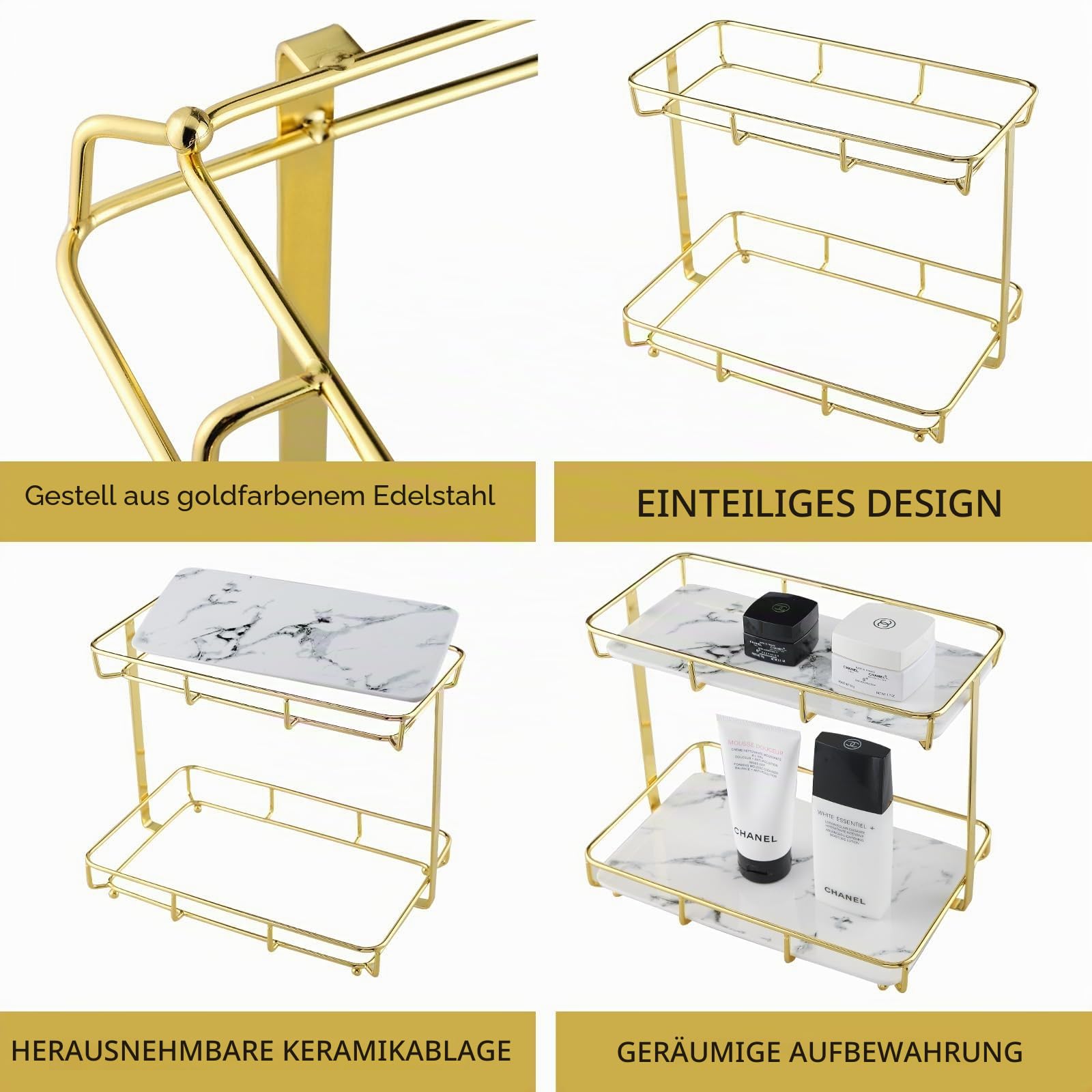 NC Make-up-Organizer Regal, Edelstahl Regal mit Keramiktablett, weiß marmoriert, für Kommode, Arbeitsplatte, Badezimmer und mehr, Gold (21324) (142825.5)
