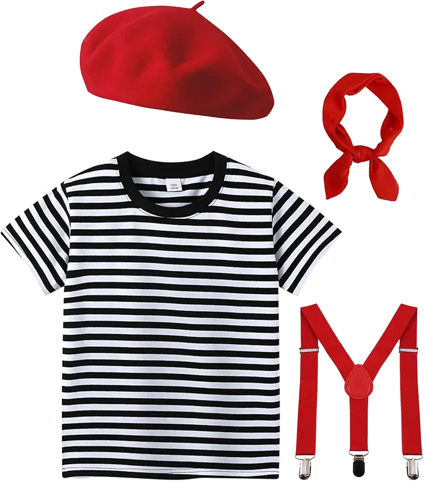 Fantasia de artista de mímica infantil para meninos e meninas, roupa de artista francês, traje de Halloween cosplay 2-8 anos