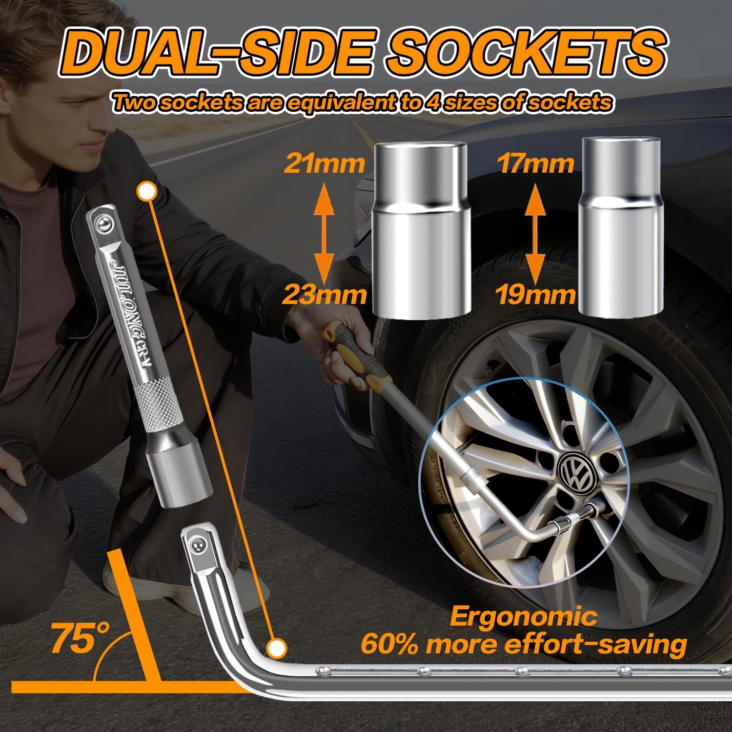 Extendable Lug Wrench with Flip Sockets, 4-in-1 Telescoping Tire Tool Set, 6 Position Adjustable 15.2" to 20.7", Includes 17/19mm & 21/23mm CR-V Sockets for Most Cars & SUV.